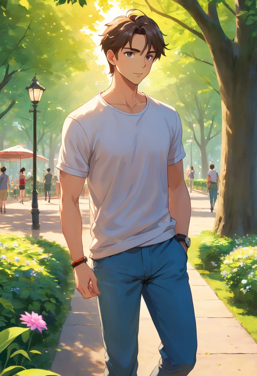 (best quality,4k,8k,highres,masterpiece:1.2),ultra-detailed,(realistic,photorealistic,photo-realistic:1.37),A young man with short hair is standing in a park. He is wearing a black t-shirt and jeans. The t-shirt fits perfectly, showing his well-toned body. His jeans are slim-fit and accentuate his long, muscular legs. The man extends his right hand as if shaking hands with someone, creating a friendly gesture.

The park is filled with lush green trees and vibrant flowers, creating a refreshing atmosphere. The sunlight illuminates the scene, casting subtle shadows on the ground. The warm golden rays enhance the colors and provide a natural glow to the surroundings.

The man's side view reveals his chiseled jawline, his handsome face with defined cheekbones and piercing eyes. The sunlight highlights his strong features, adding a sense of depth and dimension to his face. His eyes are deep and expressive, conveying a sense of warmth and kindness.

In the background, there are people enjoying various activities in the park, such as walking, jogging, or playing with their pets. The park exudes a lively and energetic vibe, making it a perfect place to relax and enjoy nature.

The overall artwork is rendered in a realistic style, capturing every intricate detail of the man's appearance, from the texture of his clothes to the strands of his hair. The colors are vivid and vibrant, showcasing the beauty of the park and the man's attire. The lighting is soft and natural, bringing out the warmth and serenity of the scene.

This masterpiece of art combines the elements of nature, human presence, and sunlight to create a captivating and immersive visual experience. It conveys a sense of youthful energy, friendship, and the joy of being outdoors.