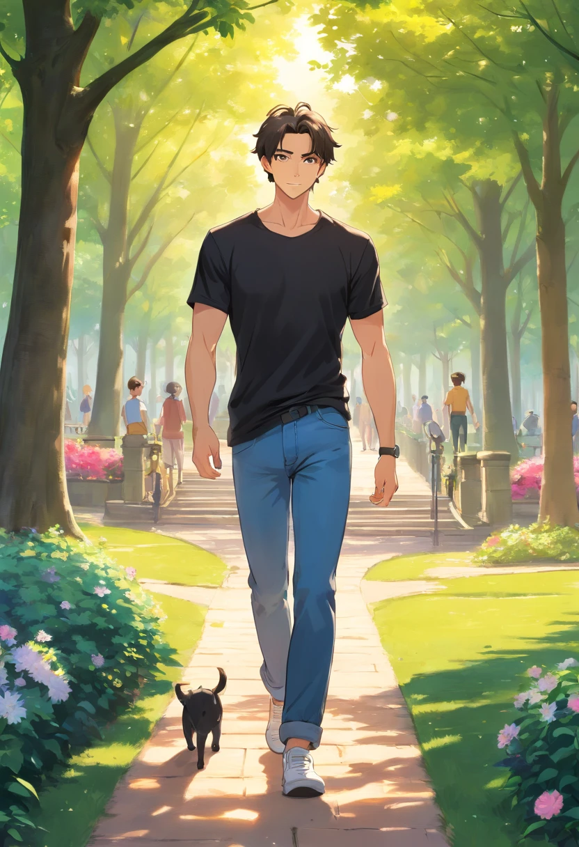 (best quality,4k,8k,highres,masterpiece:1.2),ultra-detailed,(realistic,photorealistic,photo-realistic:1.37),A young man with short hair is standing in a park. He is wearing a black t-shirt and jeans. The t-shirt fits perfectly, showing his well-toned body. His jeans are slim-fit and accentuate his long, muscular legs. The man extends his right hand as if shaking hands with someone, creating a friendly gesture.
The park is filled with lush green trees and vibrant flowers, creating a refreshing atmosphere. The sunlight illuminates the scene, casting subtle shadows on the ground. The warm golden rays enhance the colors and provide a natural glow to the surroundings.
The man's side view reveals his chiseled jawline, his handsome face with defined cheekbones and piercing eyes. The sunlight highlights his strong features, adding a sense of depth and dimension to his face. His eyes are deep and expressive, conveying a sense of warmth and kindness.
In the background, there are people enjoying various activities in the park, such as walking, jogging, or playing with their pets. The park exudes a lively and energetic vibe, making it a perfect place to relax and enjoy nature.
The overall artwork is rendered in a realistic style, capturing every intricate detail of the man's appearance, from the texture of his clothes to the strands of his hair. The colors are vivid and vibrant, showcasing the beauty of the park and the man's attire. The lighting is soft and natural, bringing out the warmth and serenity of the scene.
This masterpiece of art combines the elements of nature, human presence, and sunlight to create a captivating and immersive visual experience. It conveys a sense of youthful energy, friendship, and the joy of being outdoors.