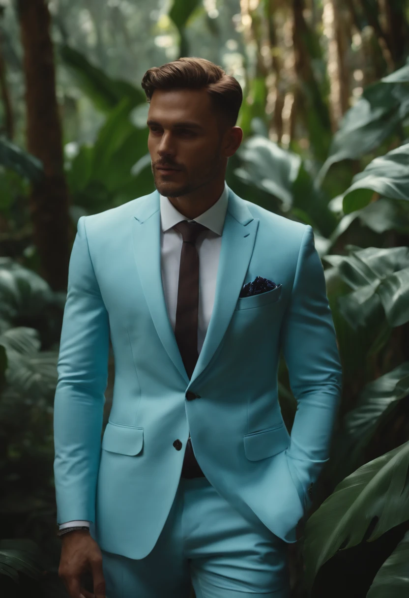 a man in a $3000 pastel blue suit in a jungle paradise, RAW, 8K, UHD, candid, amateur, close up, ((thinking he made a big mistake))