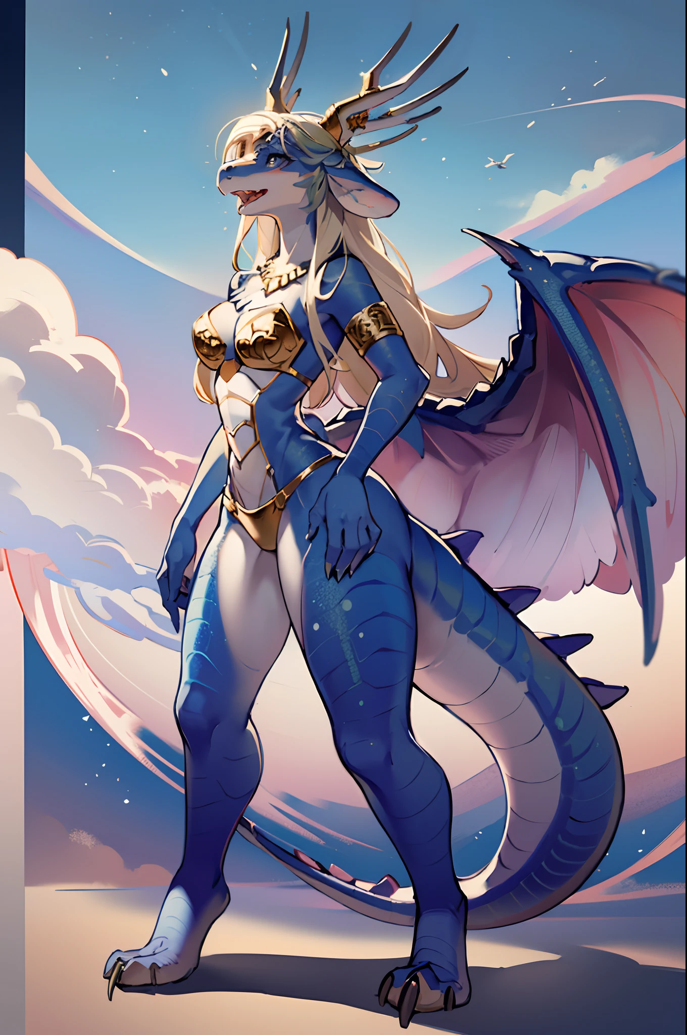 saffira, scalie, female anthro, dragon girl, bikini armor, standing, portrait, tranquil, solo, (best quality), portrait background, medium breasts, dramatic lighting, (detailed scales:1.1), looking at viewer, tail, open mouth, wings, armlet, (bracer:1.1), necklace, standing, full body, feet