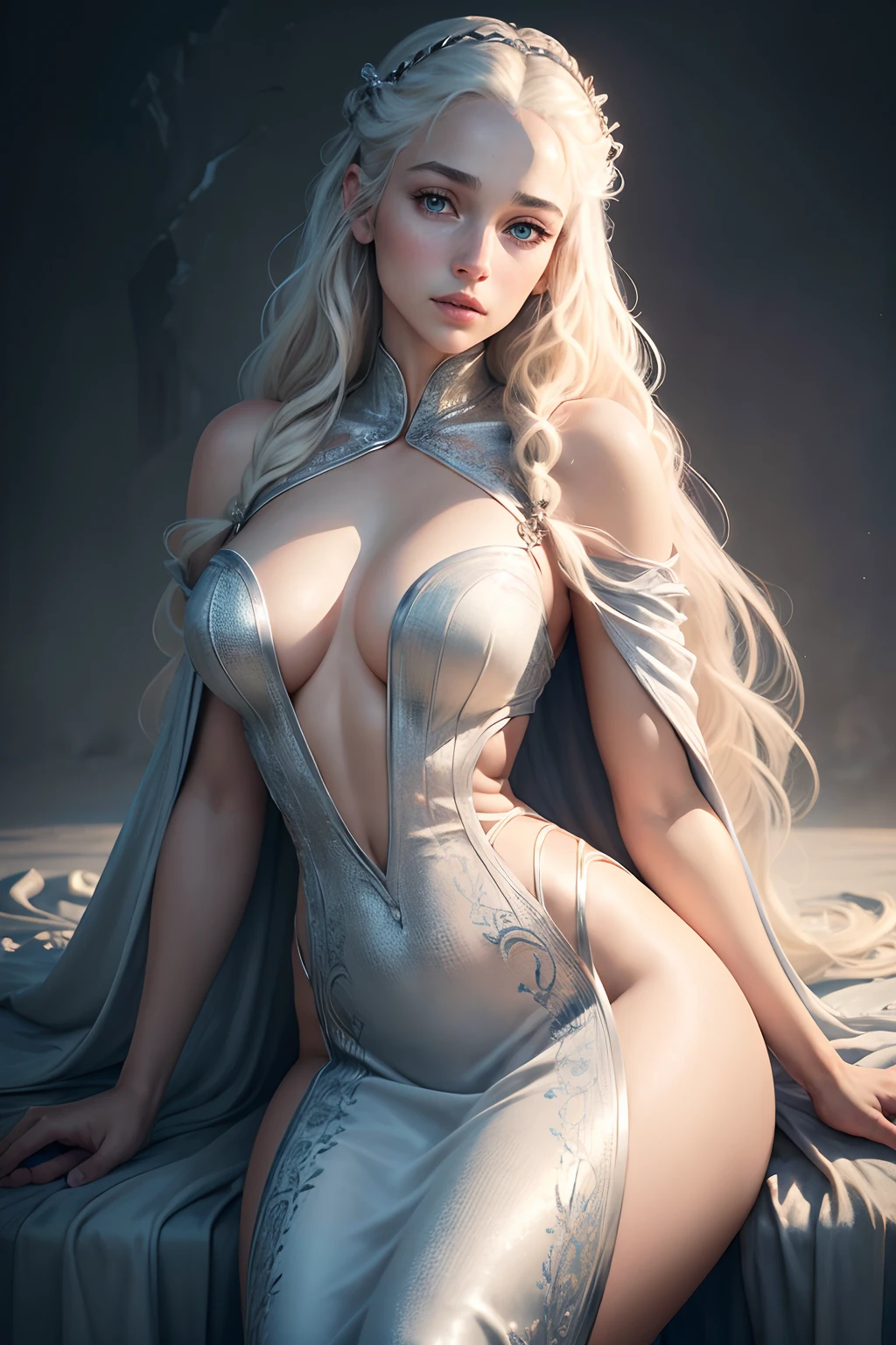 (best quality,4k,highres,masterpiece:1.2),ultra-detailed,(realistic,photorealistic,photo-realistic:1.37),Daenerys Targaryen portrait,beautiful detailed eyes,beautiful detailed lips,extremely detailed eyes and face,long eyelashes,gorgeous woman,confident expression,soft skin tones,elaborate braided blonde hair flowing down her back,flowing white dress,light blue eyes,sharp focus,stunningly vibrant colors,low-key lighting,mysterious atmosphere