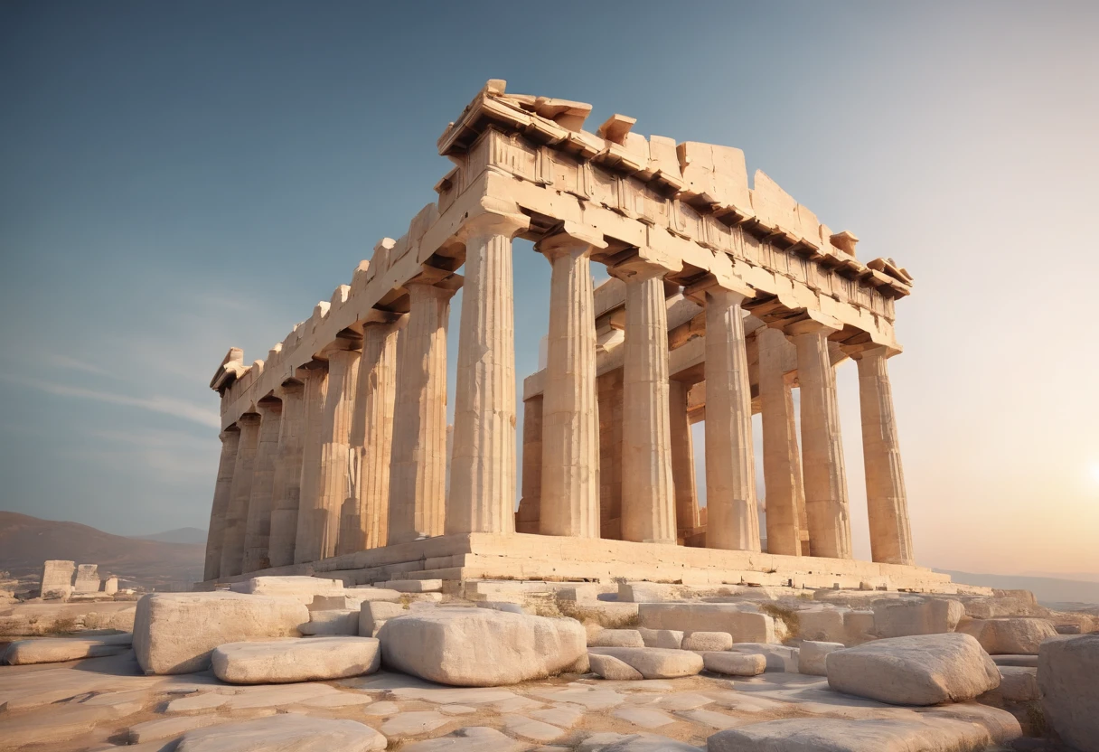 The Parthenon, standing tall and majestic, basks in the warm glow of the evening sun. The ancient Greek temple exudes timeless beauty and historical significance. The golden light casts a magical ambiance over the marble columns, accentuating their intricate craftsmanship. As dusk settles, the Parthenon stands as a testament to the enduring legacy of ancient Greece. Best quality, intricate details, clean lines, eye-catching composition, soft tones, anime realism, perfect illustration