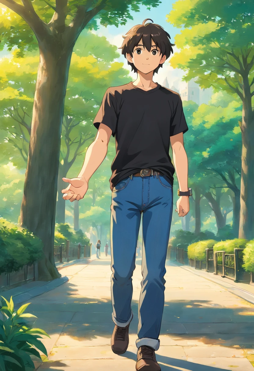 A young man is wearing a black t-shirt and jeans, He extends his hand as if shaking hands , IN THE PARK , ITS SUNNY , SIDE VIEW