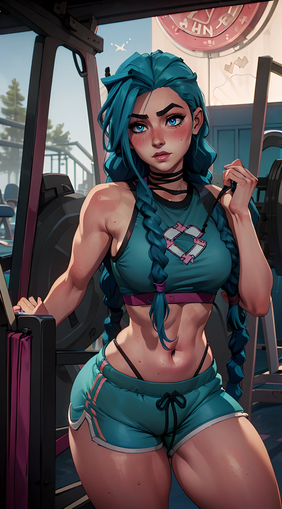 (melhor qualidade:1.3), (qualidade 4K), Jinx por Arcane, ((Rosto detalhado)), ((body curvy)), ((corar)), ((cabelos azuis)), (peitos grandes), clivagem, sexy, (( gym shorts)), ((long braids in the hair)), ((dingy gym))