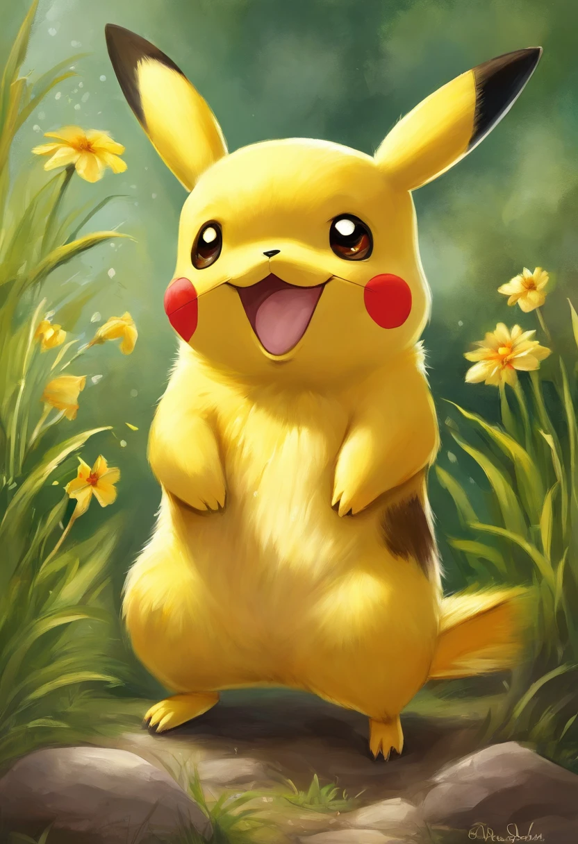 female solo, pokemon (species), Pikachu, multi colored fur, smile, fluffy, butt view, from behind, hind legs female genitals, , hires, detailed, anime, kemono, dagasi, flowers, tree, detailed background, beautiful detail, sparkles, pixiv, cute kawaii, blushing, looking back, ahegao,