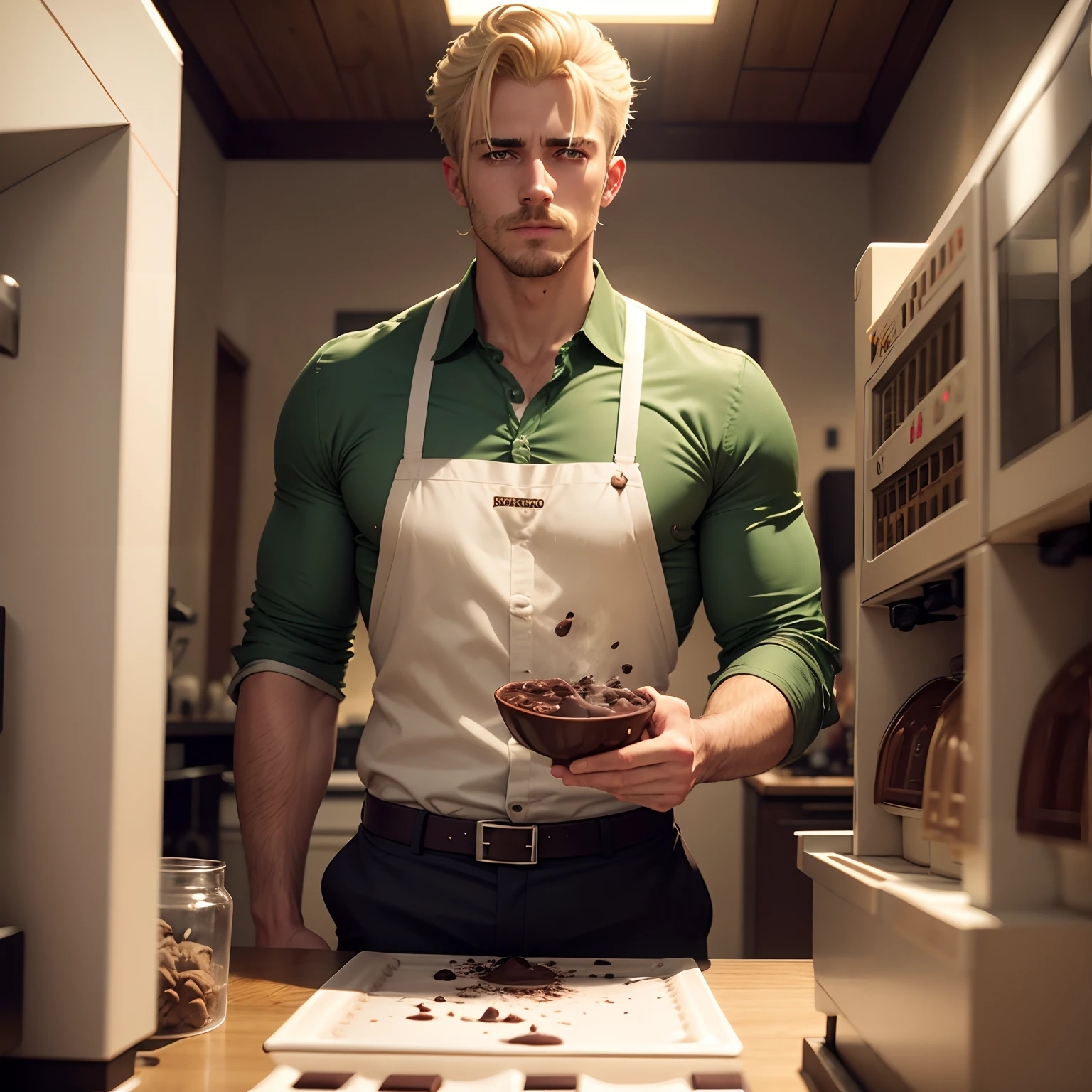 Blonde man operating a chocolate machine, de olhos verdes, bigode, cerca de 24 anos, camisa branca, com uma touca branca, bota branca e uma fabrica de chocolates, anime, animacao realista