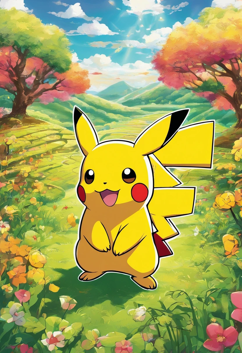 Um Pikachu bonito com pele amarela vibrante, bochechas vermelhas rosadas, e olhos negros cintilantes, pulando brincando em um campo gramado verde exuberante. O Pikachu tem um sorriso travesso no rosto, e seu longo, orelhas pontudas ficam altas. The scene is bathed in heat, luz solar dourada, casting soft shadows on the ground. The grass sways gently in the breeze, adding a sense of movement to the image. Pikachu's fur is soft and fluffy, com detalhes intrincados em sua cauda e patas. As cores vibrantes e os detalhes finos fazem desta obra uma obra-prima. Tem um estilo fotorrealista, with sharp focus and vivid colors that bring Pikachu to life. The overall shade of color is bright and cheerful, enfatizando a pele amarela vibrante do Pikachu. The lighting is natural and soft, criando uma atmosfera acolhedora e convidativa.