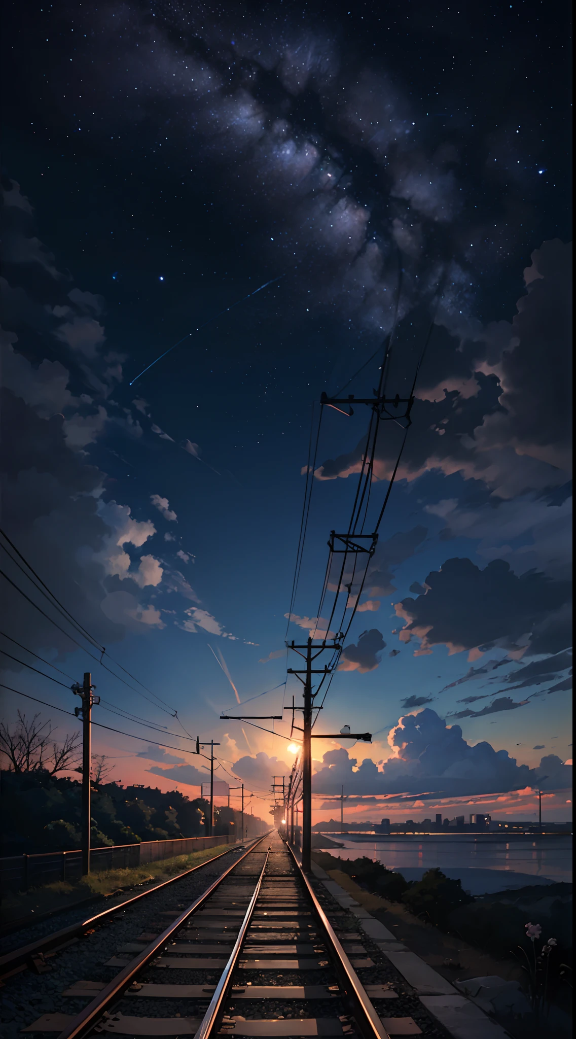 High quality masterpiece, landscape, anime train passing through bodies of water on tracks, bright starry sky. Romantic train, pixiv, concept art, lofi art style, reflection. by Makoto Shinkai, lofi art, Beautiful anime scene, Anime landscape, detailed scenery —width 672, in style of Makoto shinkai, style of Makoto shinkai, enhanced details.