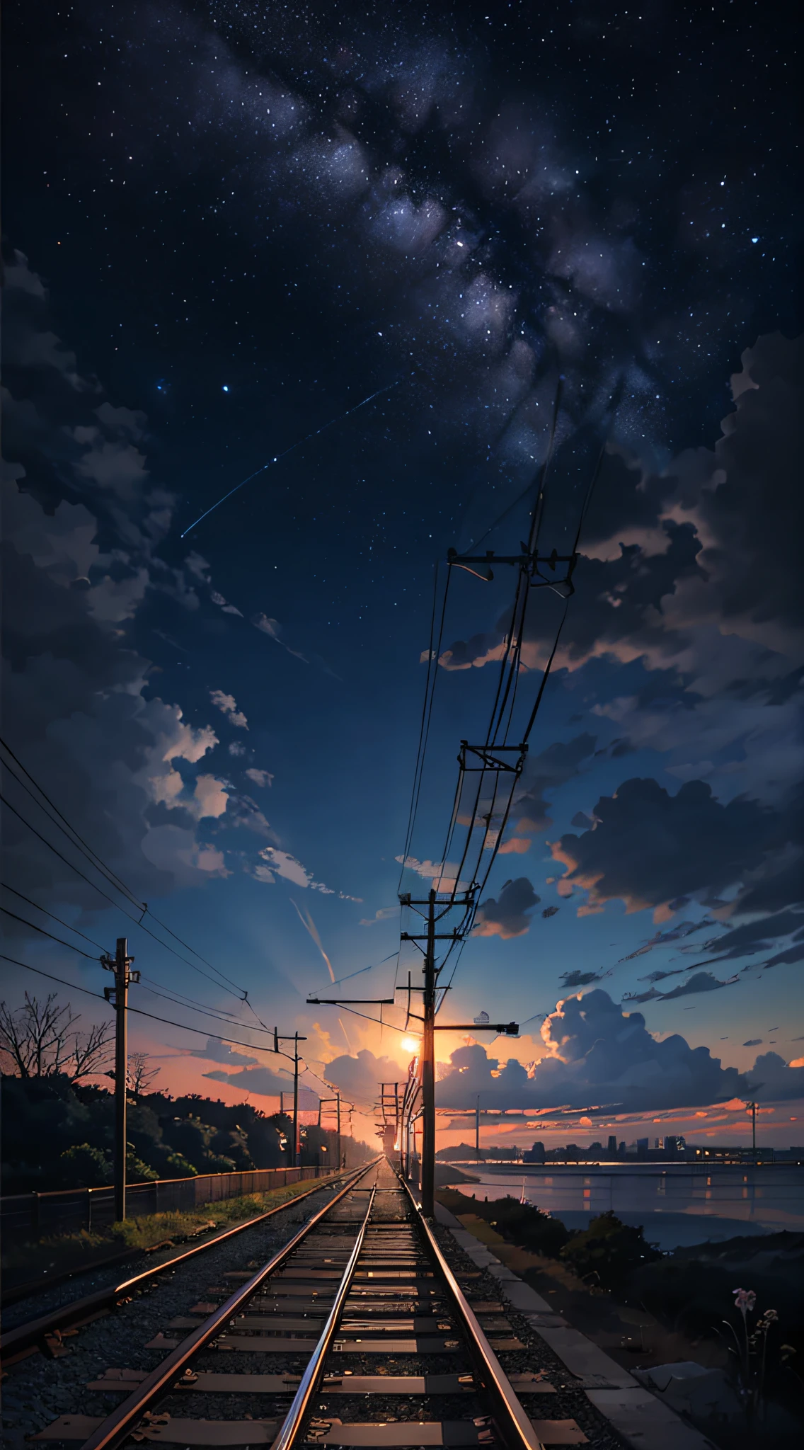 High quality masterpiece, landscape, anime train passing through bodies of water on tracks, bright starry sky. Romantic train, pixiv, concept art, lofi art style, reflection. by Makoto Shinkai, lofi art, Beautiful anime scene, Anime landscape, detailed scenery —width 672, in style of Makoto shinkai, style of Makoto shinkai, enhanced details.