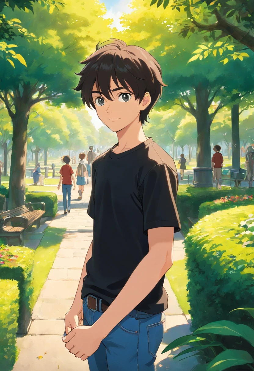 A young man is wearing a black t-shirt and jeans, He extends his hand as if shaking hands , IN THE PARK , ITS SUNNY , LEFT SIDE VIEW , WIDE SHOT