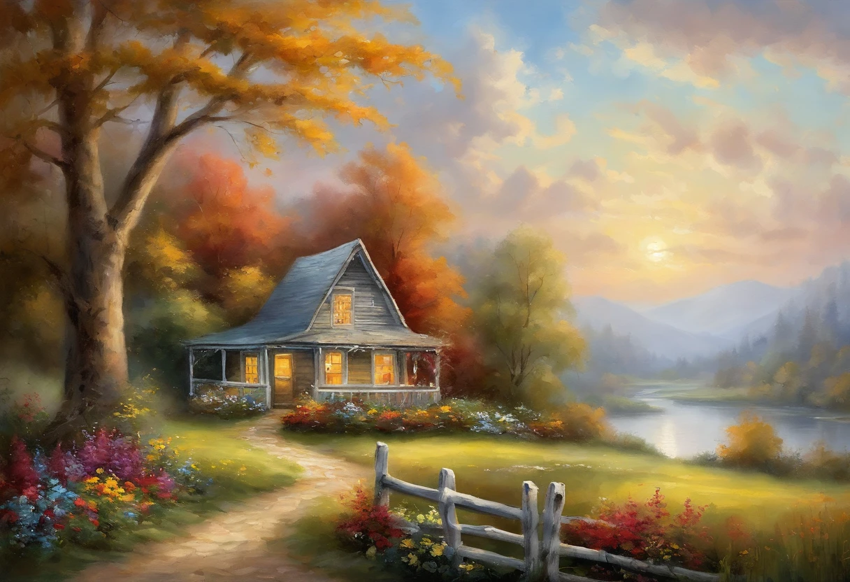 Realistic, authentic, a cottage under the tree, beside the stream,a boat in water, fence and flowers along the road, flowers, beautiful and amazing landscape oil painting Studio Thomas Kinkade #39;s petal grassland with blue sky and white clouds --v6
