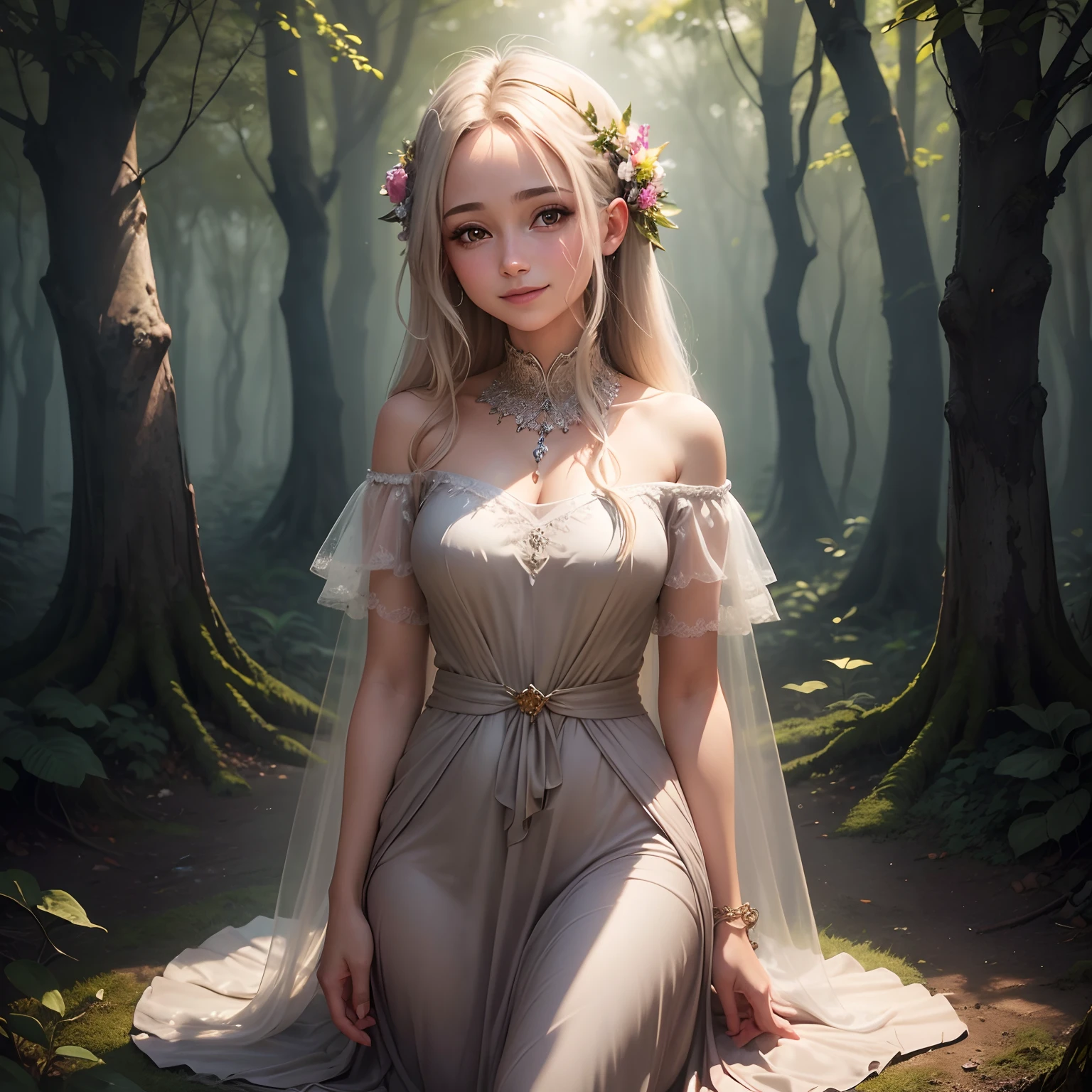 1meninas, ,,Sorriso de Simper, high-definition picture, uma mulher, seus cabelos adornados com vagalumes brilhantes, olhos cintilantes de encantamento. Vestido com um vestido feito de luar tecido, She is in a mystical forest where trees come to life. A cena, bathed in the ethereal glow of fireflies, captured in the style of a magical forest artwork., (master part, best quality, Arte Oficial,detalhes intrincados:1.2)