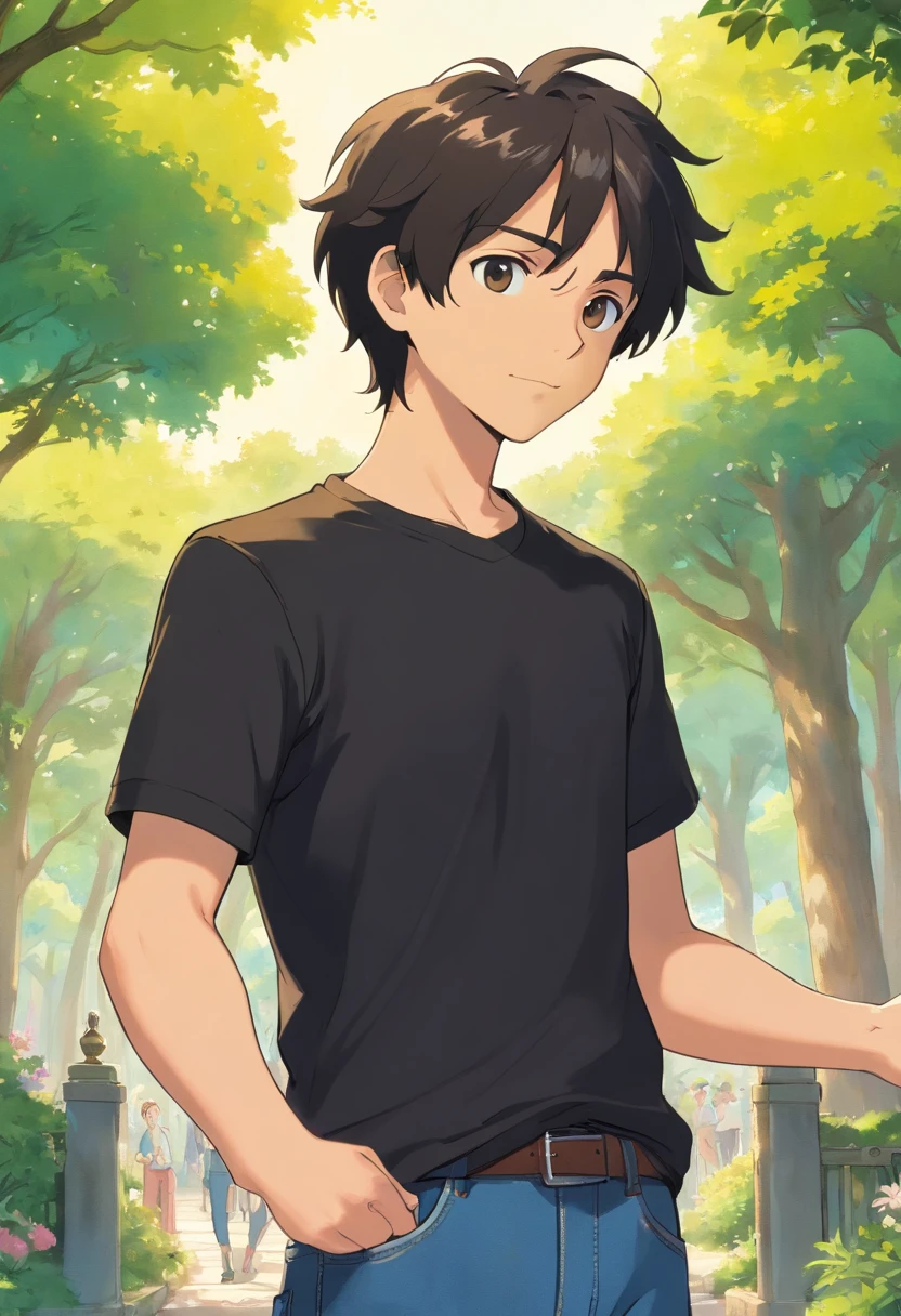 A young man is wearing a black t-shirt and jeans, He extends his hand shaking hands WITH NOTHING , IN THE PARK , ITS SUNNY , LEFT SIDE VIEW , WIDE SHOT