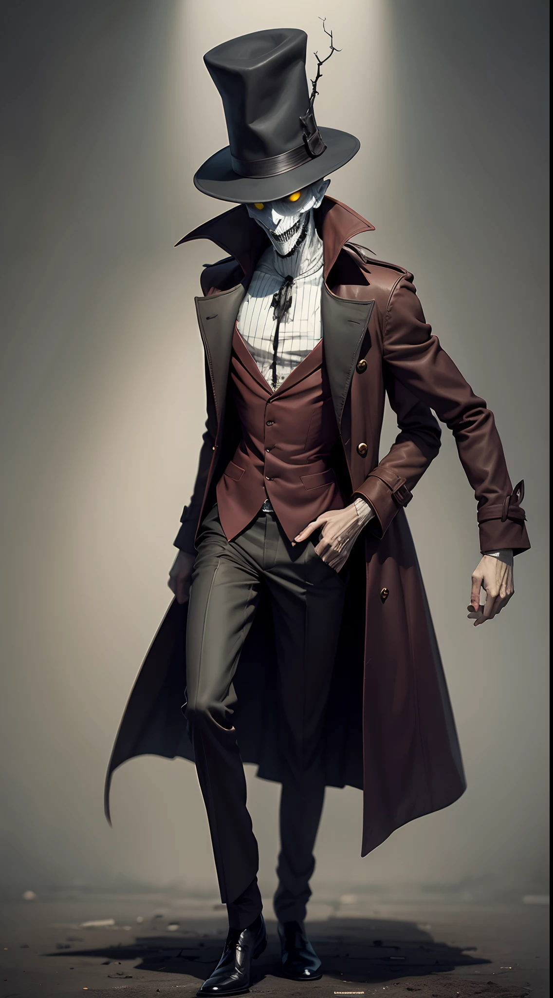 Crooked man, (( thin body)), wearing a trenchcoat, hat, full body, evil smile