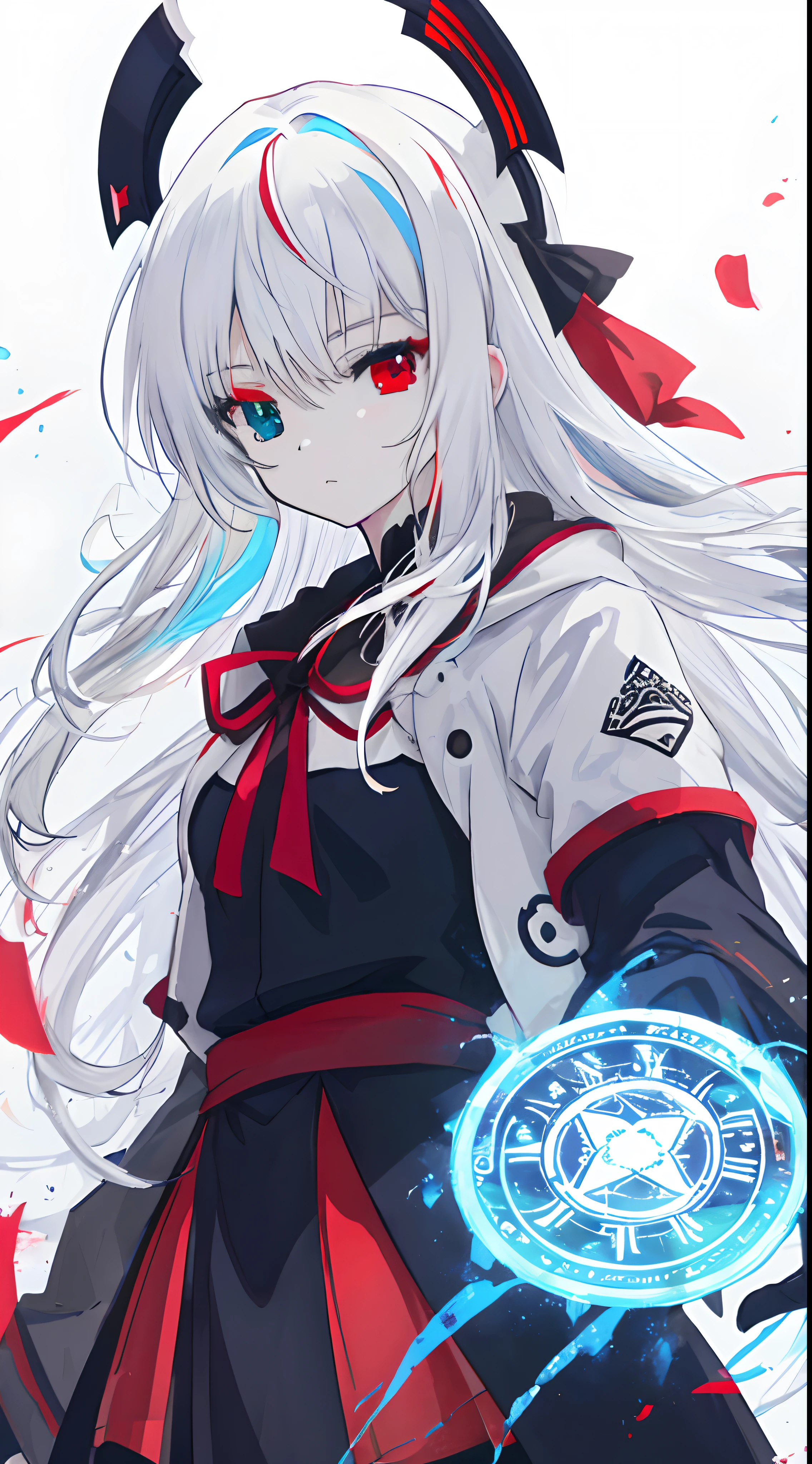 anime girl with long white hair holding an ice sword, ice magic circle, best anime 8k konachan wallpaper, white haired deity, anime art wallpaper 8 k, anime style 8 k, ufotable art style, detailed anime art, anime art wallpaper 8 k, anime art wallpaper 8 k, white haired, anime wallaper, (((heterochromia, blue and red eyes)))