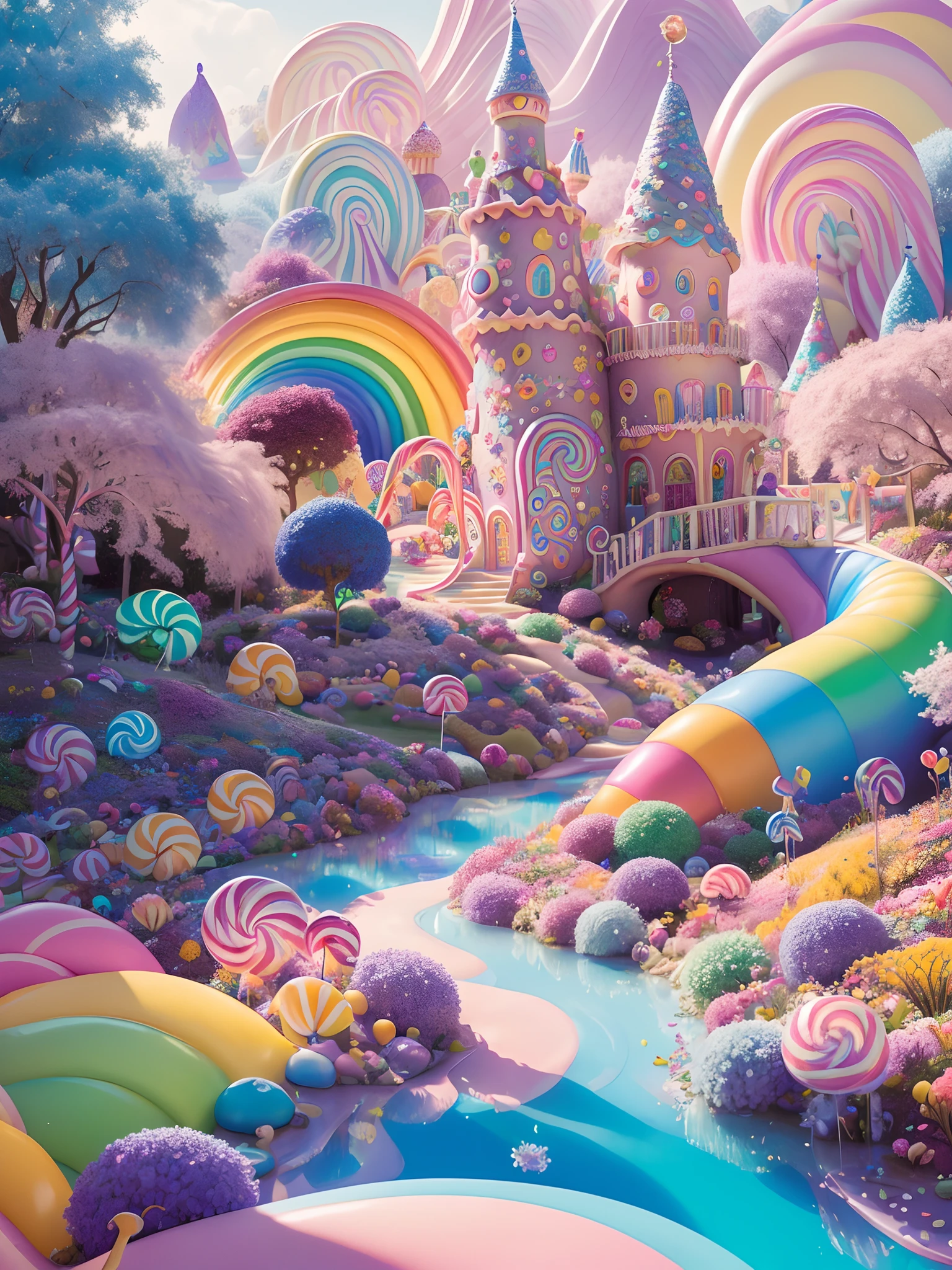 (Masterpiece, best quality:1.3), an (enchanted:1.3) (magical:1.3) (garden), fairy tales, pixar, Alice in Wonderland, dreamworks style, surrounded by magic on a dreamlike mountain, rendered in intricate detail in a digital painting with sharp focus, inspired by fairy tales and animated movies from pixar, Disney, and dreamworks, (candyland:1.5), ice cream, no humans, fantasy, rainbow, rainbow lights in transparent balloon, sharp focus, (depth of field), colorful, (shiny:1.2), natural lighting, cake, candy, atmosphere, (bloom:0.4), pastel colors,made of bangles pieces , wonder,fairytale theater,shugar candies