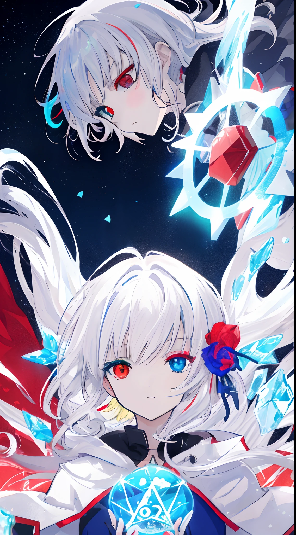 anime girl with long white hair holding an ice sword, ice magic circle, best anime 8k konachan wallpaper, white haired deity, anime art wallpaper 8 k, anime style 8 k, ufotable art style, detailed anime art, anime art wallpaper 8 k, anime art wallpaper 8 k, white haired, anime wallaper, (((heterochromia, blue and red eyes)))