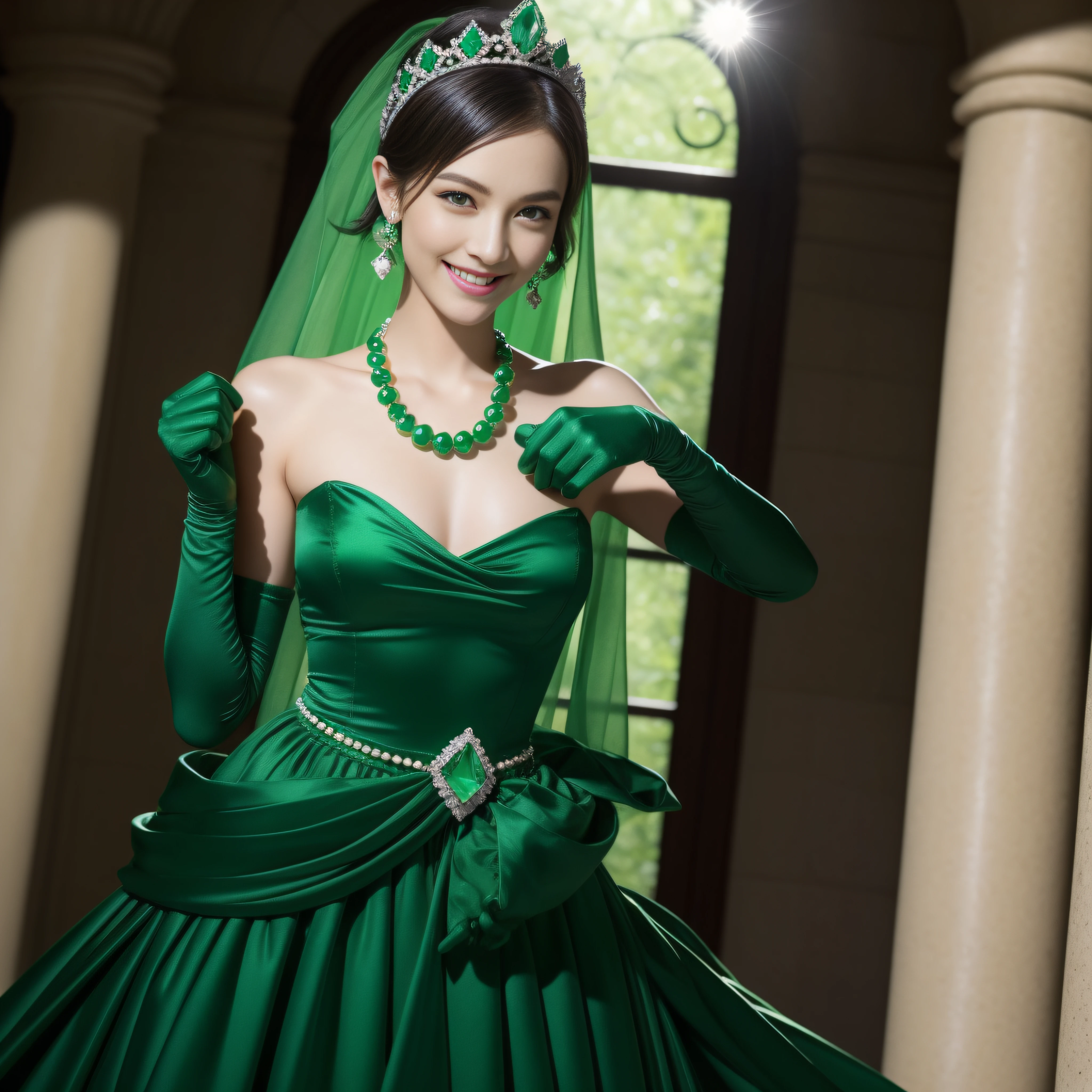 emerald tiara, Green Pearl Necklace, Boyish very short green hair, lipsticks, Japan woman smiling, very short short hair, fist, big breasts beautiful, Green eyes, Long green gloves made of satin material, Green eyes, Emerald Earrings