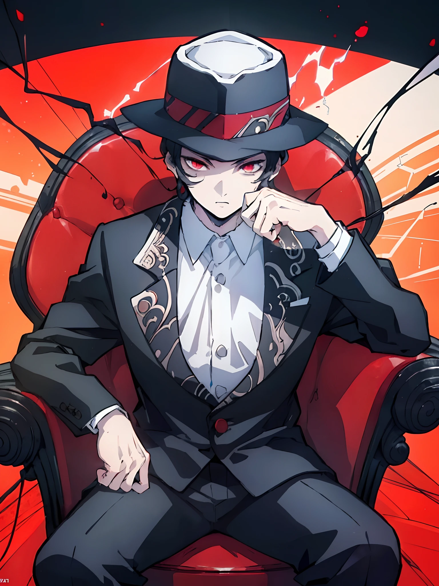 (masterpiece:1.2, best quality), MuzanMale, 1boy, male focus, solo, sitting, hat, red eyes, formal, suit, black hair, chair, looking at viewer, white fedora, cinematic lighting, demonic, red particles, detailed background, complex structures, hyperdetailed sharp face, dynamic pose