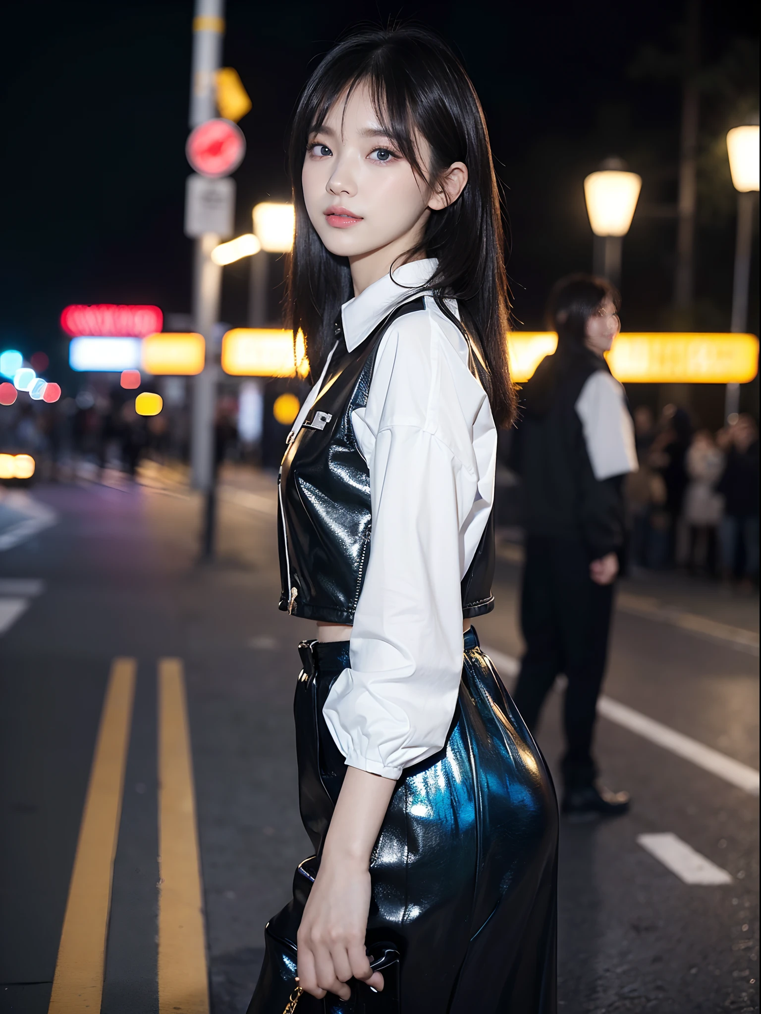 ((4K works))、​masterpiece、(top-quality)、1 beutiful girl、Slim body、((Attractive clothes in black and white))、(Detailed beautiful eyes)、Walking together on the road at night、Face similar to Carly Rae Jepsen、((Boyish Gold Medium Hair))、((Smaller face))、((Neutral face))、((Bright blue eyes))、((American Women))、((Adult female 26 years old))、((cool lady))、((There are celebrities))、((A shy smile on his face))、((Korean Makeup))、((elongated and sharp eyes))、((Happy dating))、((boyish))、((She is walking in front of the viewer))、((Shot from the top of the face))、((Shot diagonally from the side))