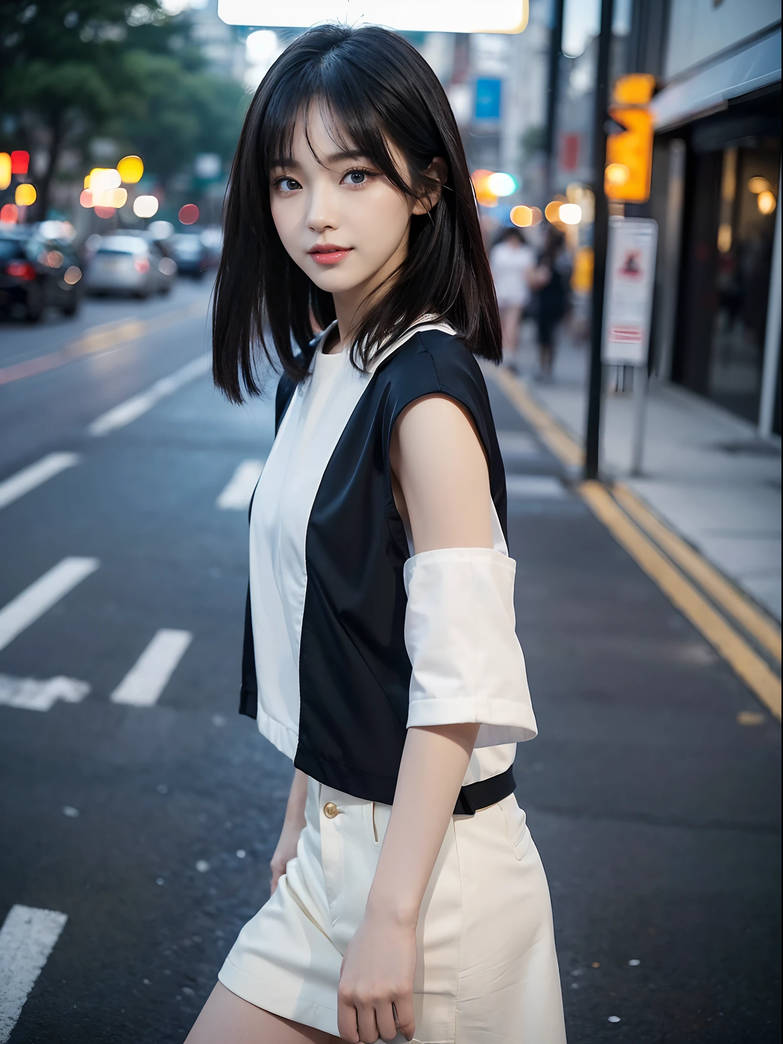 ((4K works))、masterpiece、(top-quality)、1 beutiful girl、Slim body、((Attractive clothes in black and white))、(Detailed beautiful eyes)、Walking together on the road at night、Face similar to Carly Rae Jepsen、((Boyish Gold Medium Hair))、((Smaller face))、((Neutral face))、((Bright blue eyes))、((American Women))、((Adult female 26 years old))、((cool lady))、((There are celebrities))、((A shy smile on his face))、((Korean Makeup))、((elongated and sharp eyes))、((Happy dating))、((boyish))、((She is walking in front of the viewer))、((Shot from the top of the face))、((Shot diagonally from the side))