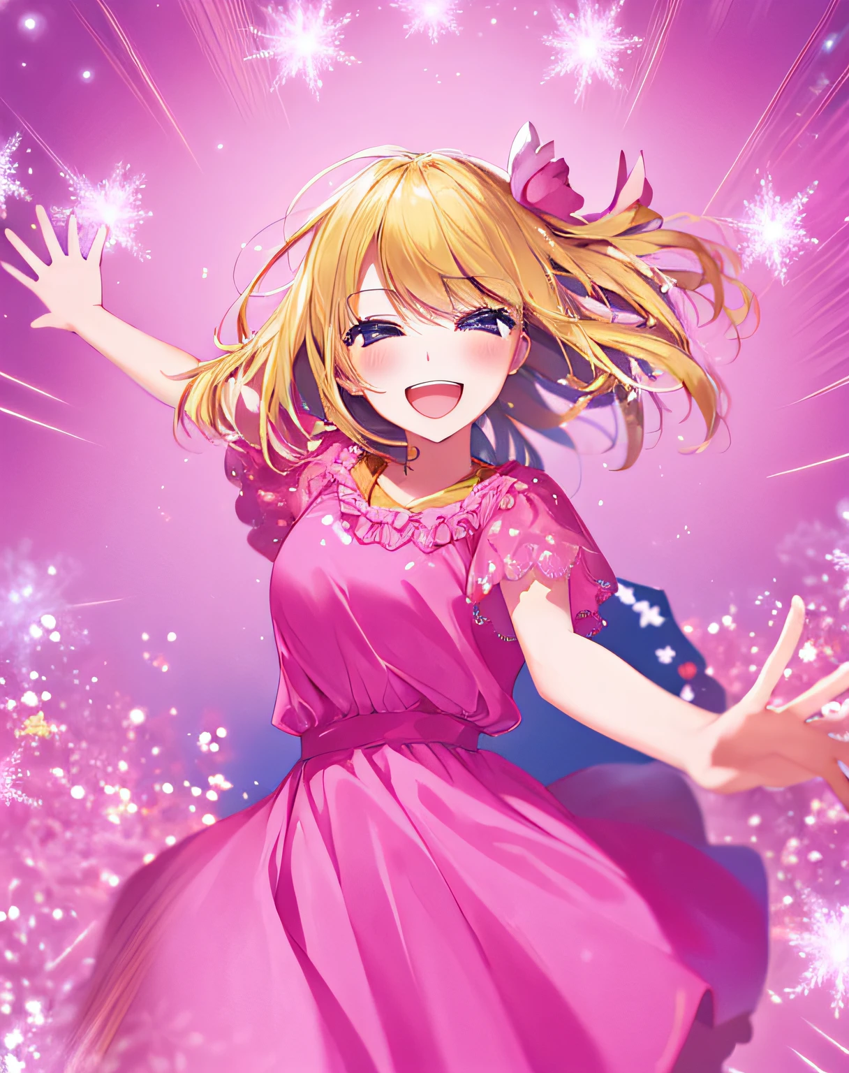 blonde woman,Pink Dress,opened mouth,happy face.