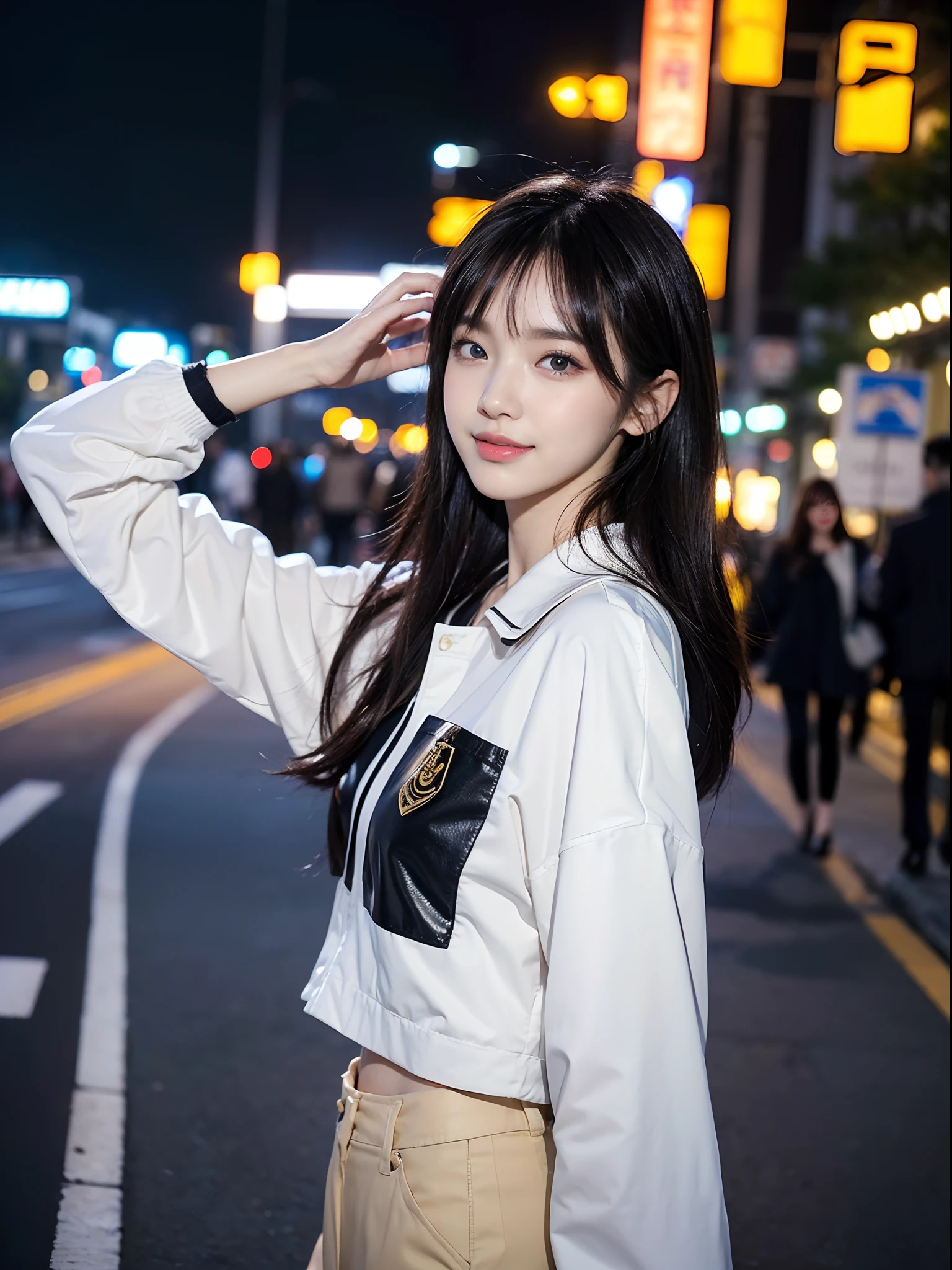 ((4K works))、masterpiece、(top-quality)、1 beutiful girl、Slim body、((Attractive clothes in black and white))、(Detailed beautiful eyes)、Walking together on the road at night、Face similar to Carly Rae Jepsen、((Boyish Gold Medium Hair))、((Smaller face))、((Neutral face))、((Bright blue eyes))、((American Women))、((Adult female 26 years old))、((cool lady))、((There are celebrities))、((A shy smile on his face))、((Korean Makeup))、((elongated and sharp eyes))、((Happy dating))、((boyish))、((She is walking in front of the viewer))、((Shot from the top of the face))、((Shot diagonally from the side))
