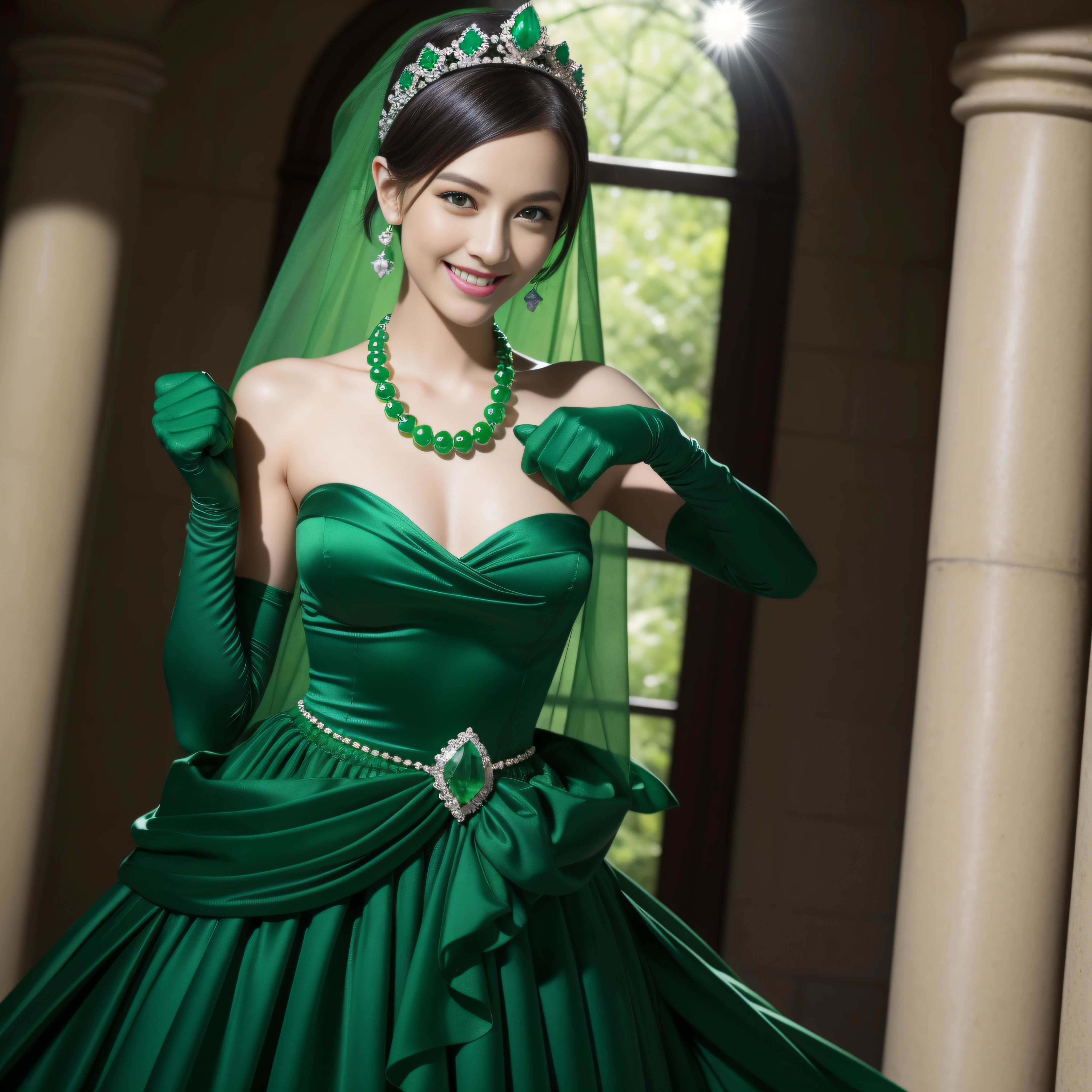 emerald tiara, Green Pearl Necklace, Boyish very short green hair, lipsticks, Japan woman smiling, very short short hair, fist, big breasts beautiful, Green eyes, Long green gloves made of satin material, Green eyes, Emerald Earrings