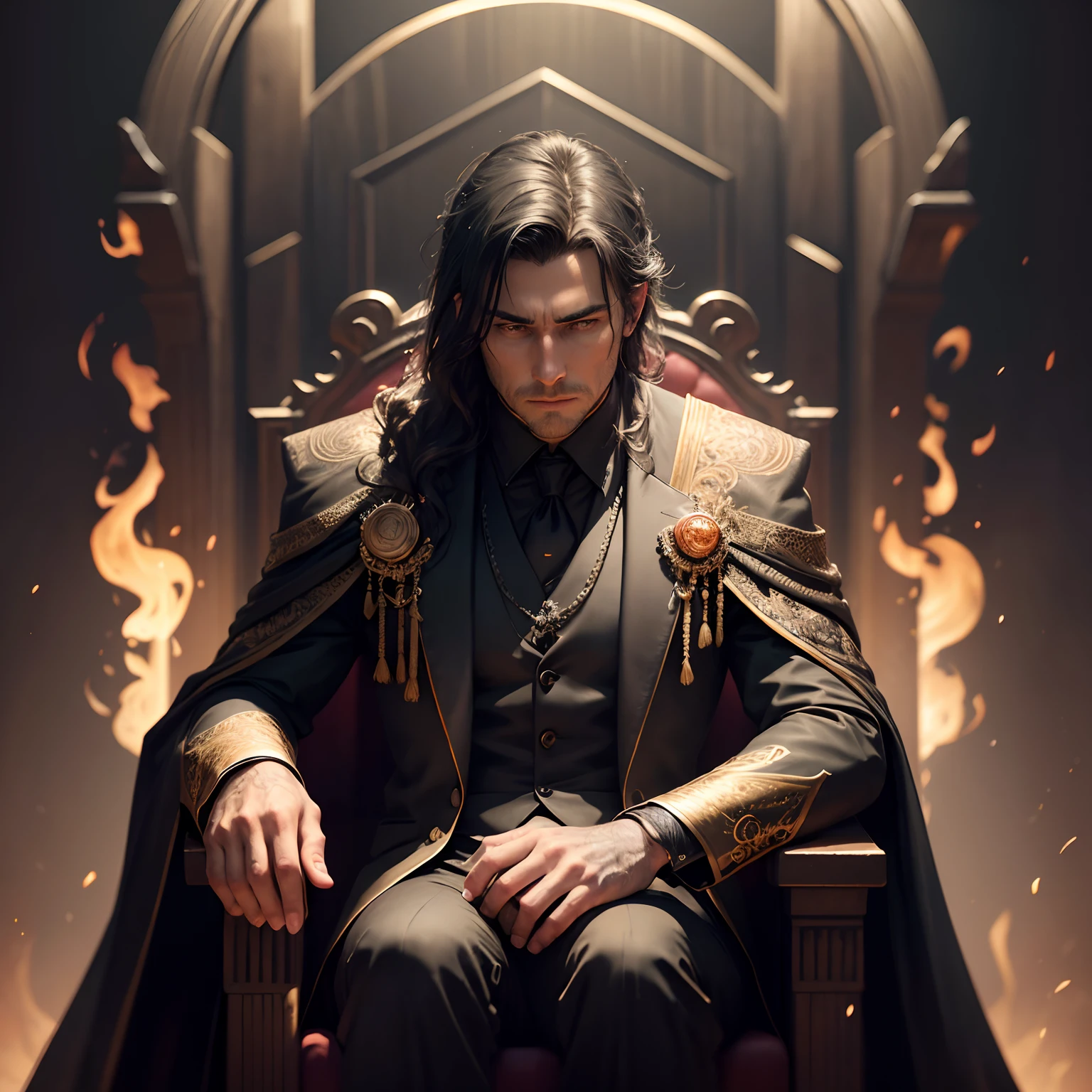 MAN IN BLACK SUIT ON A THRONE dark fire sitting: realistic epic, soft cinematic portrait, adobe lightroom, photographic lab, highly detailed, faded, (neutral colors: 1.2), (hdr: 1.4) , (soft colors:1.2), hyperdetailed, (artstation:1.4), cinematic, warm lights, dramatic light, (intricate details:1.1), complex background, (rutkowski:0.66), (blue and orange:0.4)