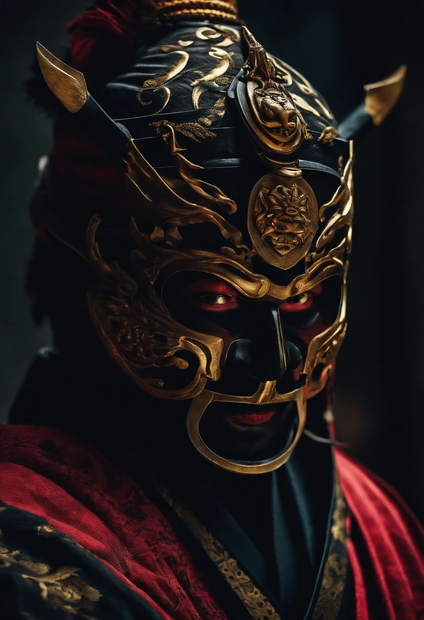 a ninja with a Japanese oni mask, com uma roupa preta, menacingly