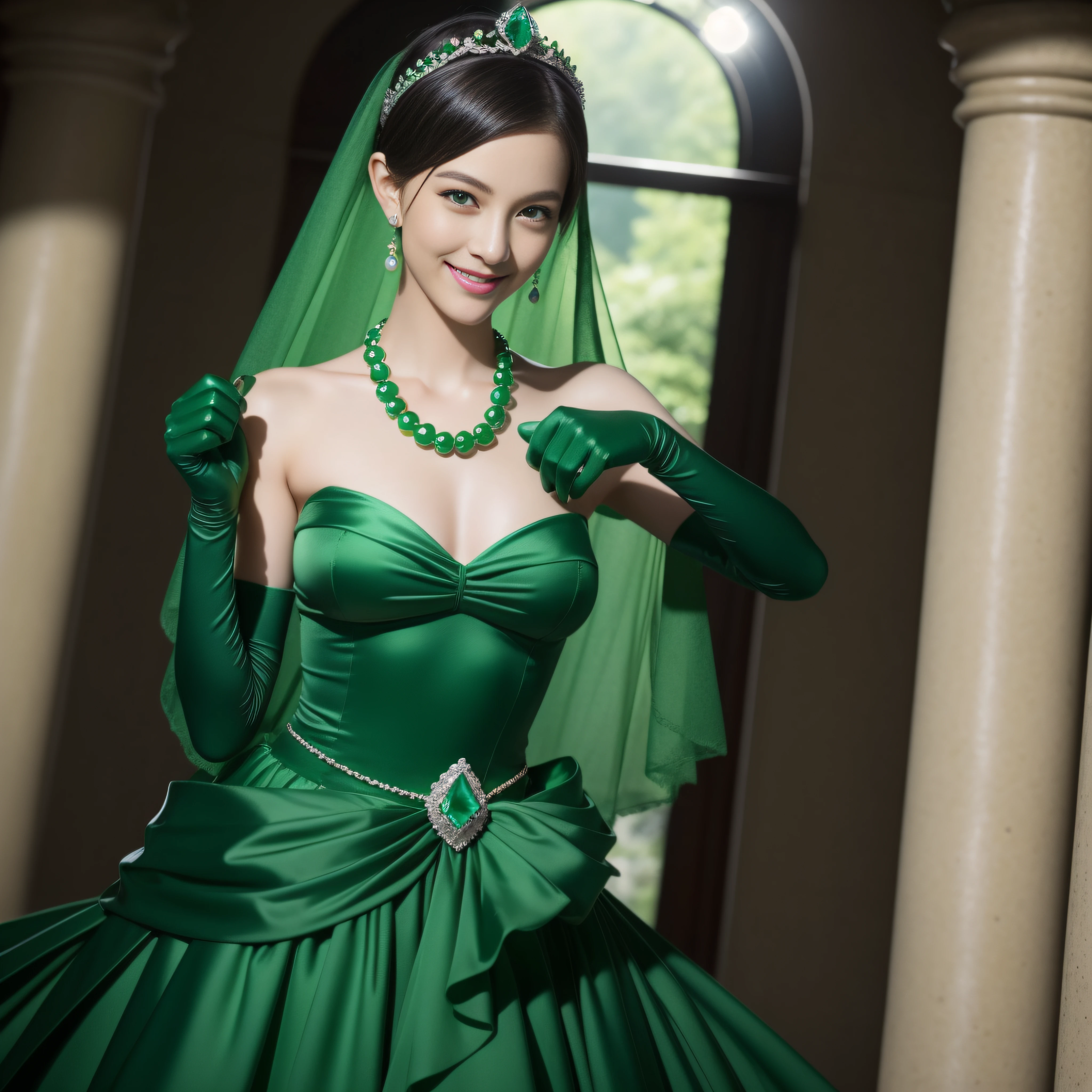 emerald tiara, Green Pearl Necklace, Boyish very short green hair, lipsticks, Japan woman smiling, very short short hair, fist, big breasts beautiful, Green eyes, Long green gloves made of satin material, Green eyes, Emerald Earrings
