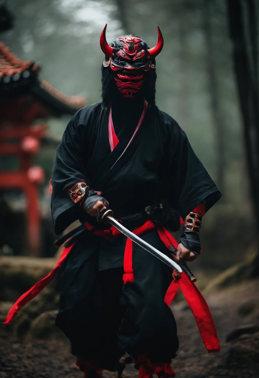 a ninja with a Japanese oni mask, com uma roupa preta, menacingly