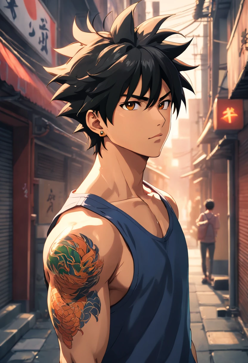 (best quality,4k,highres,masterpiece:1.2),ultra-detailed,(realistic,photo-realistic:1.37),male,Dragon Ball,Son Goku wearing a black tank top with tattoos on his arm and sunglasses on his face,mafia environment,physically-based rendering,stubble,sharp focus,detailed facial features,strong physique,handsome,intense gaze,emotionally charged,powerful aura,yakuza-inspired tattoos,confident posture,dynamic stance,fierce expression,dragon emblem on his shirt,golden earrings,powerful energy,surrounded by a gritty urban backdrop,dimly lit alley,vivid colors,contrast of light and shadow