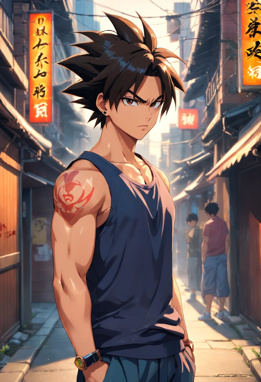 (best quality,4k,highres,masterpiece:1.2),ultra-detailed,(realistic,photo-realistic:1.37),male,Dragon Ball,Son Goku wearing a black tank top with tattoos on his arm and sunglasses on his face,mafia environment,physically-based rendering,stubble,sharp focus,detailed facial features,strong physique,handsome,intense gaze,emotionally charged,powerful aura,yakuza-inspired tattoos,confident posture,dynamic stance,fierce expression,dragon emblem on his shirt,golden earrings,powerful energy,surrounded by a gritty urban backdrop,dimly lit alley,vivid colors,contrast of light and shadow