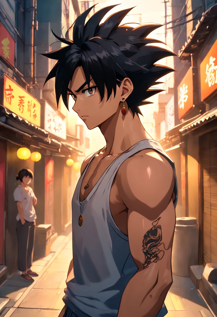 (best quality,4k,highres,masterpiece:1.2),ultra-detailed,(realistic,photo-realistic:1.37),male,Dragon Ball,Son Goku wearing a black tank top with tattoos on his arm and sunglasses on his face,mafia environment,physically-based rendering,stubble,sharp focus,detailed facial features,strong physique,handsome,intense gaze,emotionally charged,powerful aura,yakuza-inspired tattoos,confident posture,dynamic stance,fierce expression,dragon emblem on his shirt,golden earrings,powerful energy,surrounded by a gritty urban backdrop,dimly lit alley,vivid colors,contrast of light and shadow