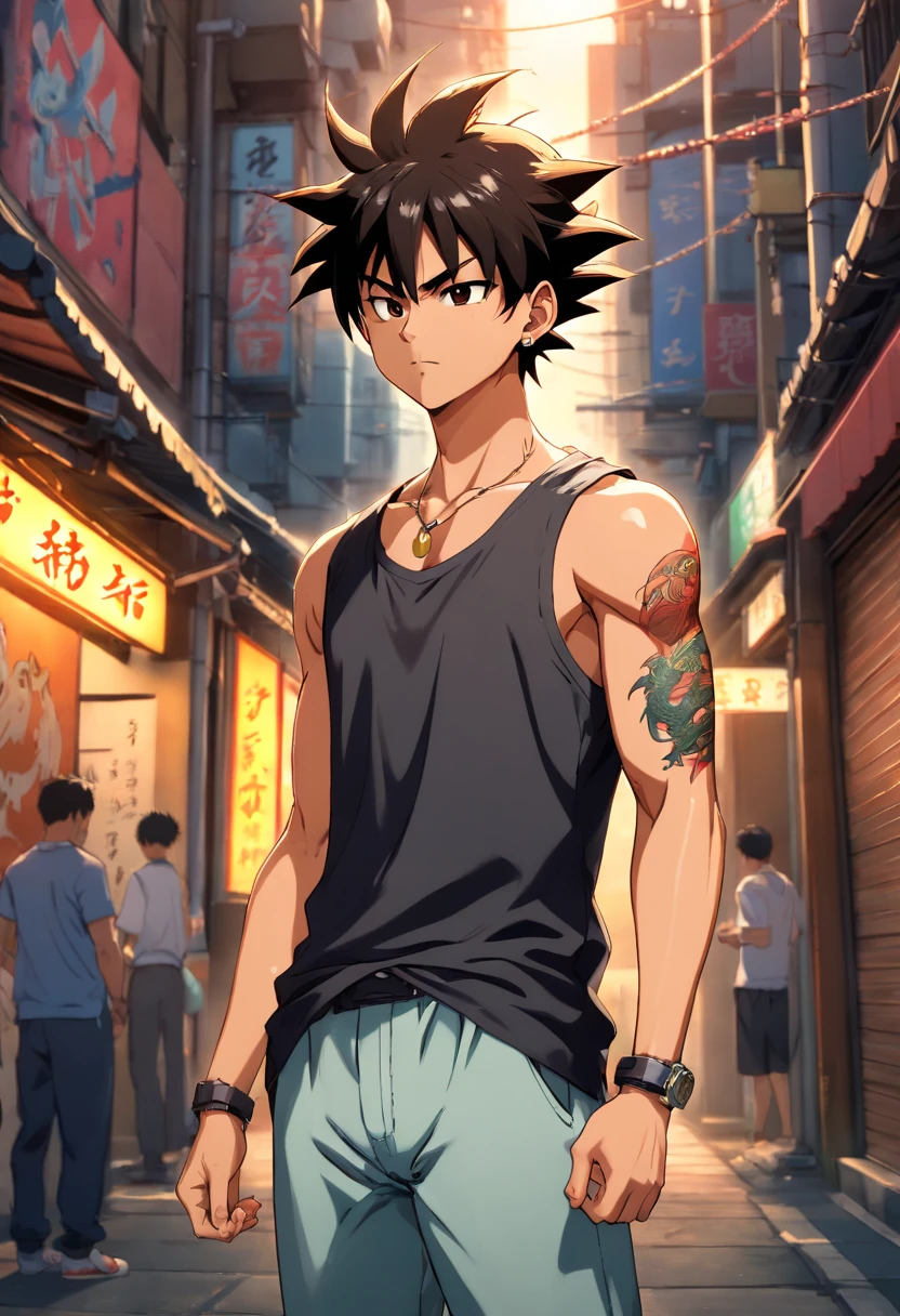 (best quality,4k,highres,masterpiece:1.2),ultra-detailed,(realistic,photo-realistic:1.37),male,Dragon Ball,Son Goku wearing a black tank top with tattoos on his arm and sunglasses on his face,mafia environment,physically-based rendering,stubble,sharp focus,detailed facial features,strong physique,handsome,intense gaze,emotionally charged,powerful aura,yakuza-inspired tattoos,confident posture,dynamic stance,fierce expression,dragon emblem on his shirt,golden earrings,powerful energy,surrounded by a gritty urban backdrop,dimly lit alley,vivid colors,contrast of light and shadow