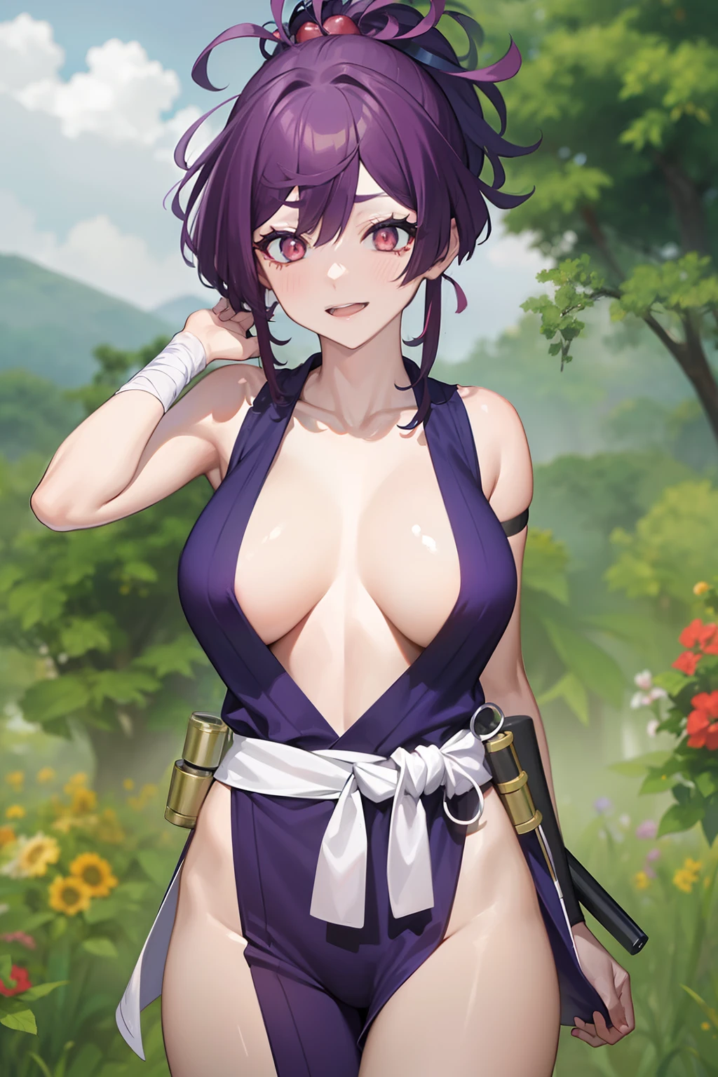 best quality, masutepiece, (inclinando-se para baixo:1.2), 1girl em, Yuzuriha_(Jigokuraku), cabelo roxo, olhos castanhos, ninjartista, Abra suas roupas, clivagem, seios pequenos, Topknot, medium hair, Chest apart, sorriso sedutor, (corar:1.1), Japanese exterior, templo, A city in the Warring States period, cidade (NSFW 1.1)
