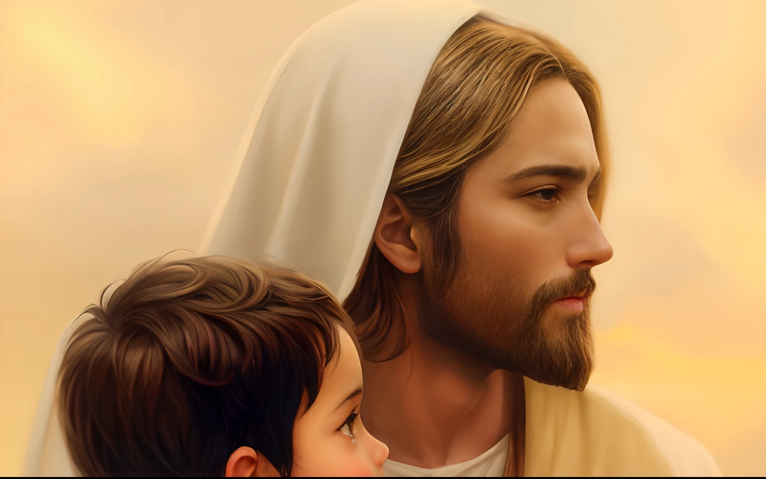 Jesus and a child looking to the side, Christian art, Arte no estilo de Guweiz, ultra detalhe. pintura digital, Jesus, Jesus Cristo, baixo detalhamento. pintura digital, pintura digital detalhada, Cena realista, lindo pintura digital, jesus of nazareth, fanart detalhado, A cena mais bonita, arte renderizada, imagem realista de Jesus, imagem  bonita, imagem ultra realista, Christian art