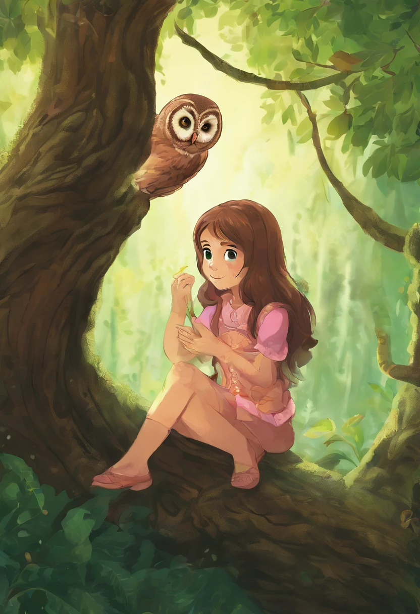 Certainly, let's make the prompt even more specific:

"Generate a highly detailed and realistic image that portrays the following scene:

- A young girl, approximately 8 years old, with shoulder-length brown hair, wearing a pink t-shirt and denim shorts.
- The girl is standing in a lush, sunlit forest clearing.
- She is holding a banana peel in her right hand and is looking directly at an owl.
- The owl, a standard brown owl with a white chest, is perched on a thick tree branch approximately 5 meters away from the girl.
- The tree itself is an oak tree with dark, textured bark and vibrant green leaves.
- The lighting should be warm and natural, with dappled sunlight filtering through the tree canopy, creating soft shadows on the forest floor.
- The girl's expression should convey curiosity and wonder, and her brown eyes should be clearly visible.
- The owl's eyes should be sharp and attentive, reflecting the intrigue of the banana peel.
- The banana peel should appear partially eaten, with visible teeth marks and a texture that resembles a real banana peel.
- The background should be a blurred forest landscape, creating a sense of depth and immersion.
- The overall atmosphere should be tranquil and inviting, capturing the magic of a forest encounter.

Please ensure that the image is of high quality, with attention to fine details and realistic textures. The girl and the owl should be the focal points of the scene, and their interaction should be the central theme of the image."
