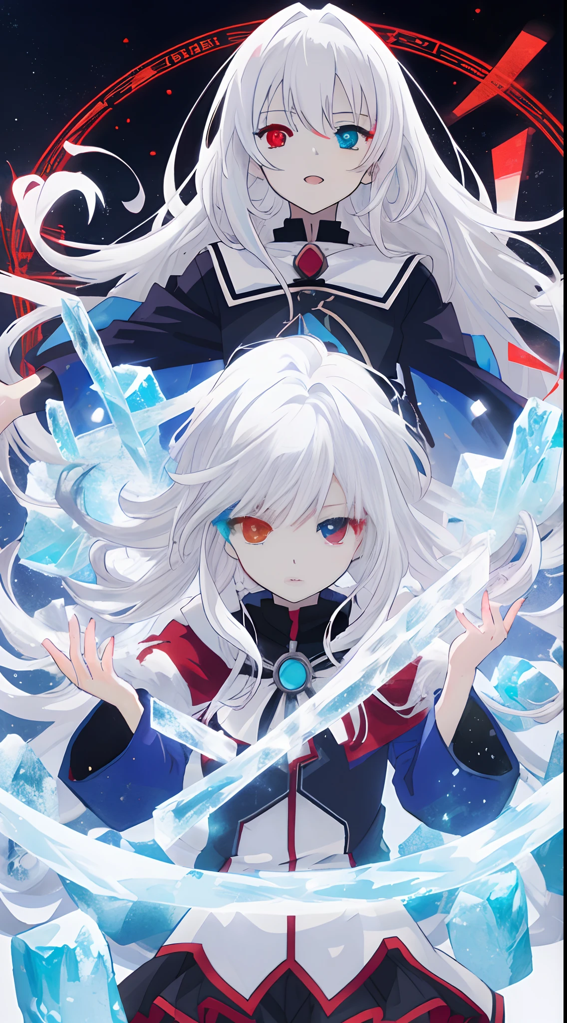 anime girl with long white hair holding an ice sword, ice magic circle, best anime 8k konachan wallpaper, white haired deity, anime art wallpaper 8 k, anime style 8 k, ufotable art style, detailed anime art, anime art wallpaper 8 k, anime art wallpaper 8 k, white haired, anime wallaper, (((heterochromia, blue and red eyes)))