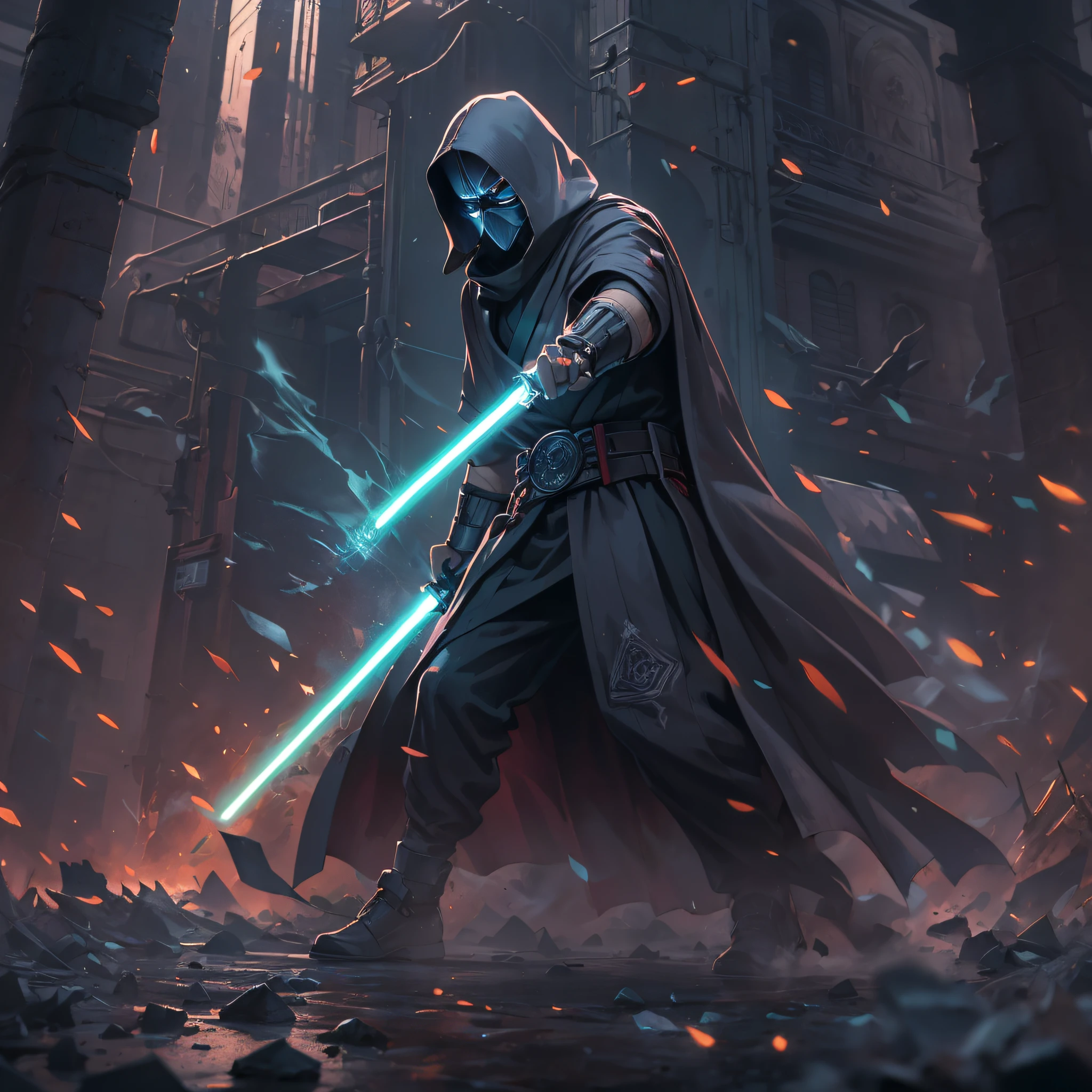 Standing body, Jedi, (illustration style), Battle debris on ground, dark smoke, emerald light saber, wallpaper, intricate background, amazing background, (like an action movie cover)