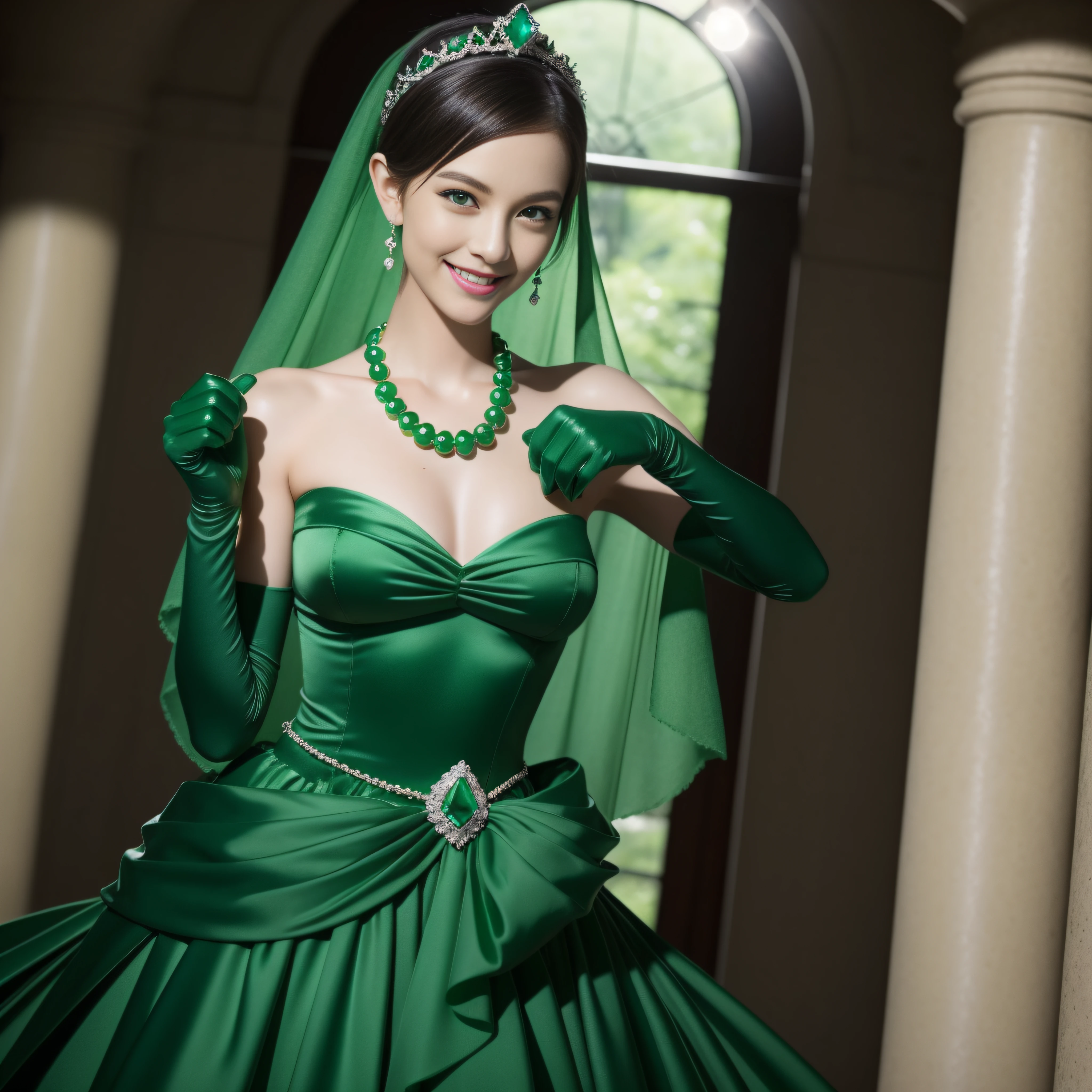 emerald tiara, Green Pearl Necklace, Boyish very short green hair, lipsticks, Japan woman smiling, very short short hair, fist, big breasts beautiful, Green eyes, Long green gloves made of satin material, Green eyes, Emerald Earrings