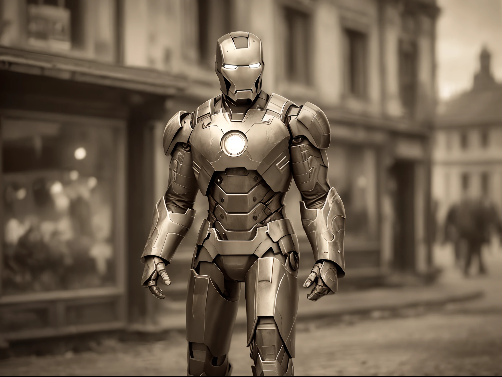 (best quality,4k,8k,highres,masterpiece:1.2), (classical), (Historical photo), (Sepia tone), (noise), ultra-detailed, realistic:1.37, full body shot, Iron Man In the middle of town in 1924, rusty iron, old-fashioned, ancient atmosphere, distortion effect, vintage color tone, soft lighting, grainy texture, black and white, sepia effect, antique film style