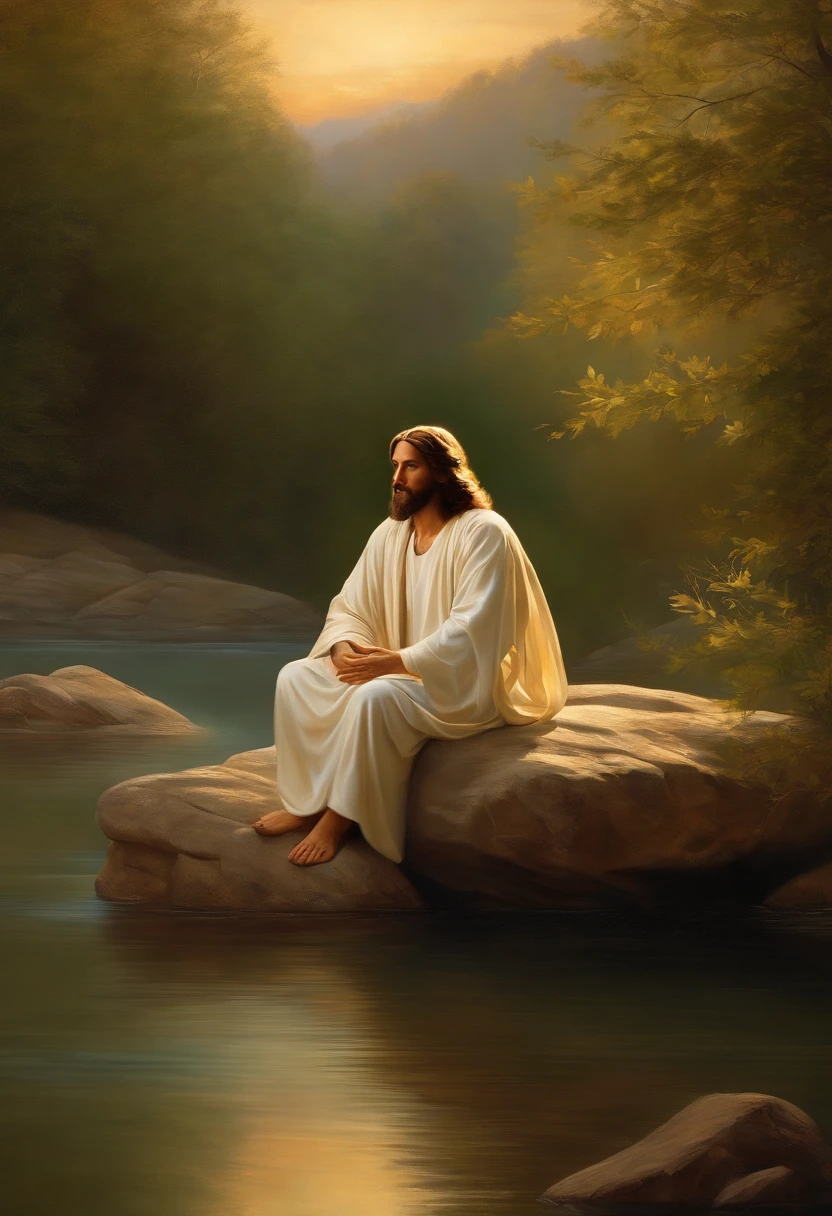 Jesus, A peaceful and serene outdoor scene of Jesus sitting on a rock by a tranquil lake surrounded by nature with a warm golden light shining down on him. His face is calm and meditative as he looks out towards the horizon. The colors are earthy and natural, with soft blues and greens for the water and sky. Atmosphere is serene and peaceful, perfect for meditation or introspection. Style: oil painting. Artists: Leonardo da Vinci, Michelangelo. aspect ratio 16:9