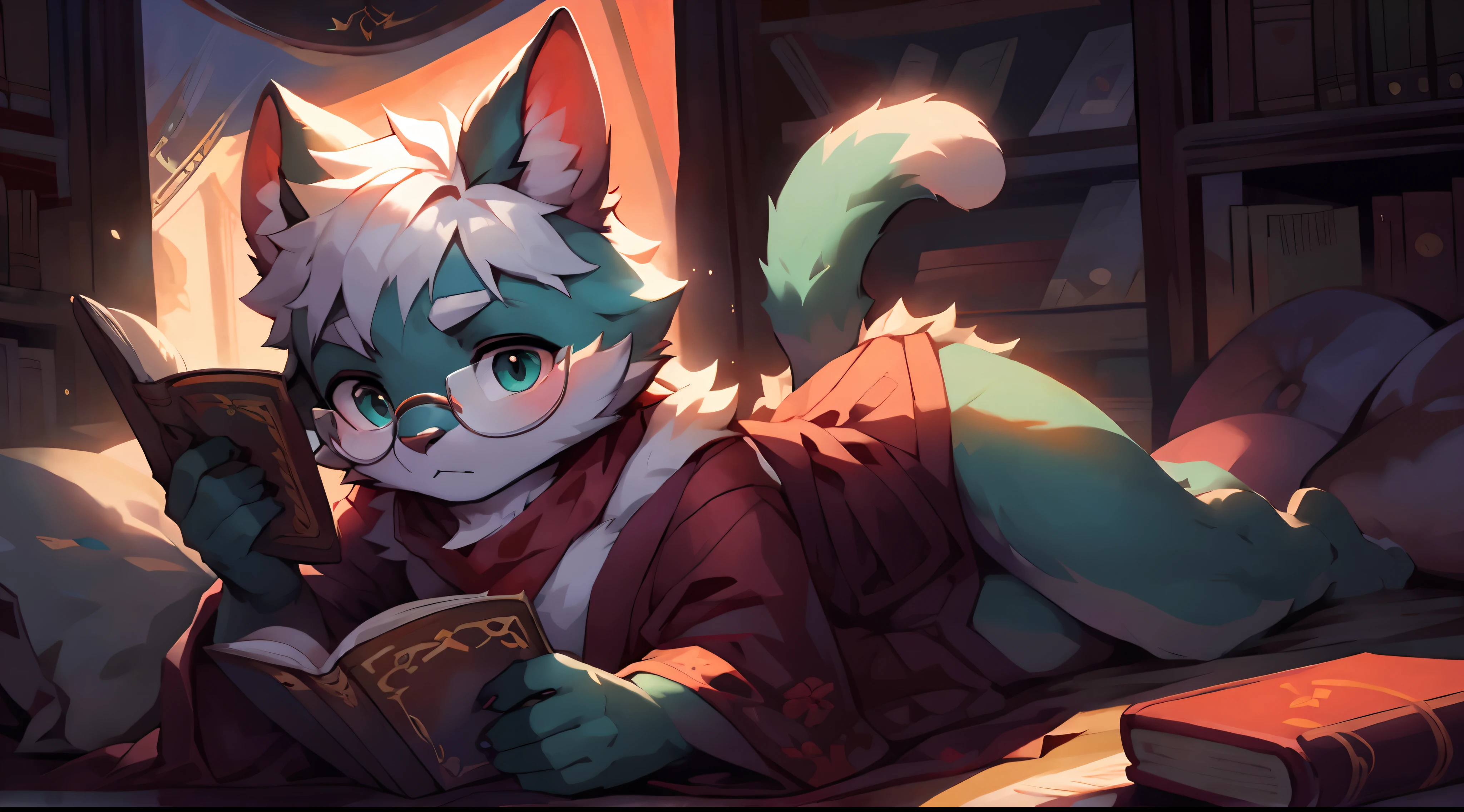 a portrait of a fully grown mature and aged adult male cat with big round circle glasses and a red scarf, The cat is very tall. bushy tail, and perked-up fluffy big ears, one ear is lowered. He wears a fluffy warm and cozy kimono, a handsome cat fursona with teal fur color, the chest has white fur, white fur around his mouth and cheeks, medium-length white hair, fluffy black cat ears, and a fluffy white neck. He is lying down on his back on a big soft sofa with plenty of pillows and studying in a library, he has a focused look. he is reading a book, There are piles of books on his desk, and in the background an incredibly detailed background, detailed eyes