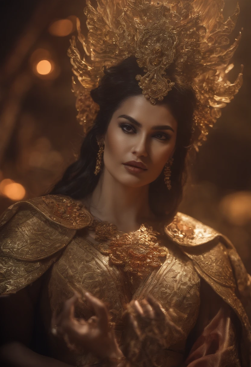 A dynamic and dramatic rendering of a powerful Egyptian queen performing a sacrifice to appease the gods, with her regal attire and fierce expression capturing the attention of all who witness it.