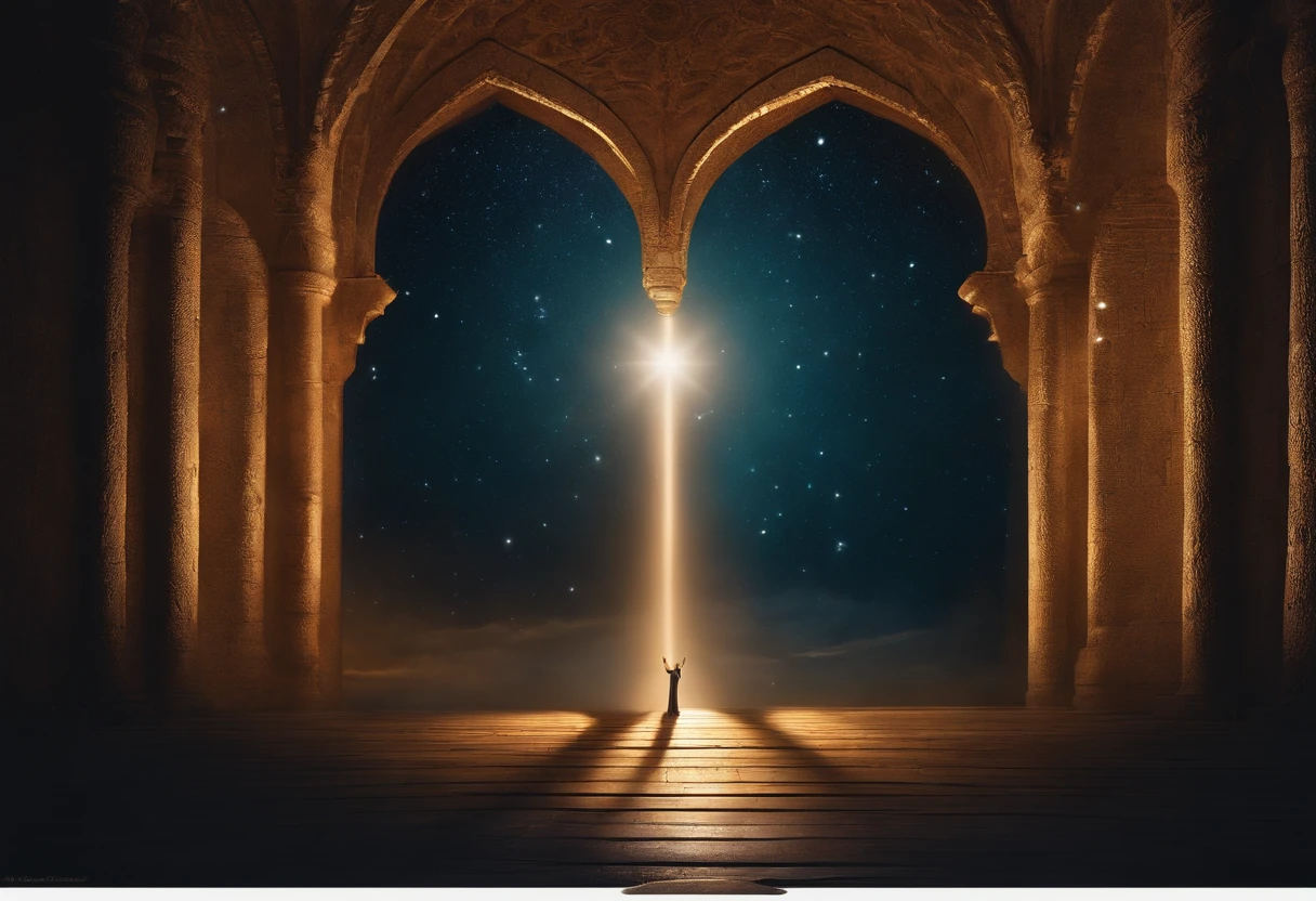"Visualize a celestial landscape where the sky merges with the earth, representing the connection between the divine and the human. No centro da cena, A fervent and enlightened heart symbolizes faith. Around you, Hands raised in prayer radiate energy and light, projecting bright beams toward the heavens. These beams turn into bridges that go beyond the impossible, conectando-se com estrelas cintilantes. This image portrays the power of prayers as a bridge between our humanity and divine possibility, mostrando que, On the journey of faith, the impossible is simply a door to be opened."