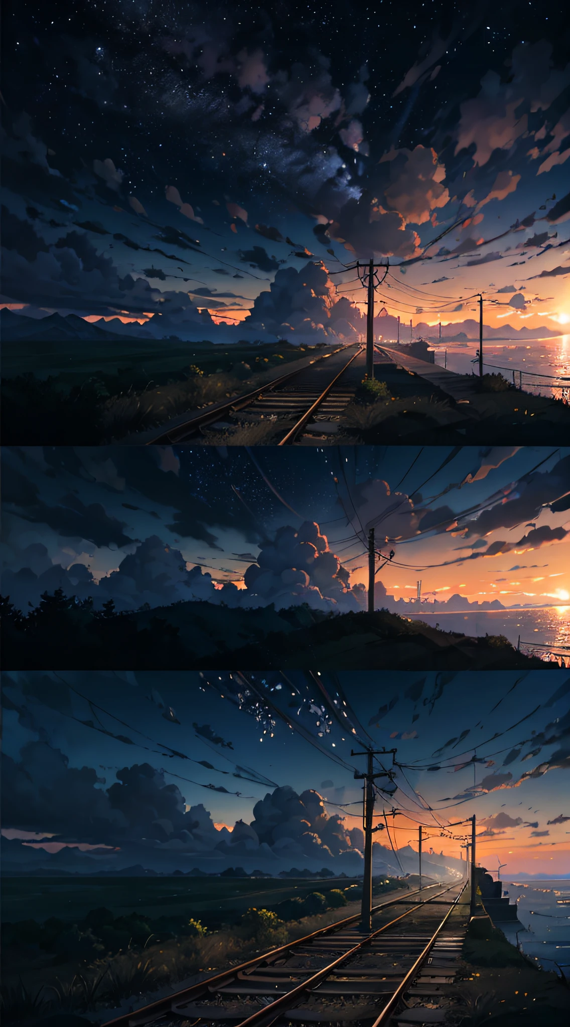 High quality masterpiece, landscape, anime train passing through bodies of water on tracks, bright starry sky. Romantic train, pixiv, concept art, lofi art style, reflection. by Makoto Shinkai, lofi art, Beautiful anime scene, Anime landscape, detailed scenery —width 672, in style of Makoto shinkai, style of Makoto shinkai, enhanced details.