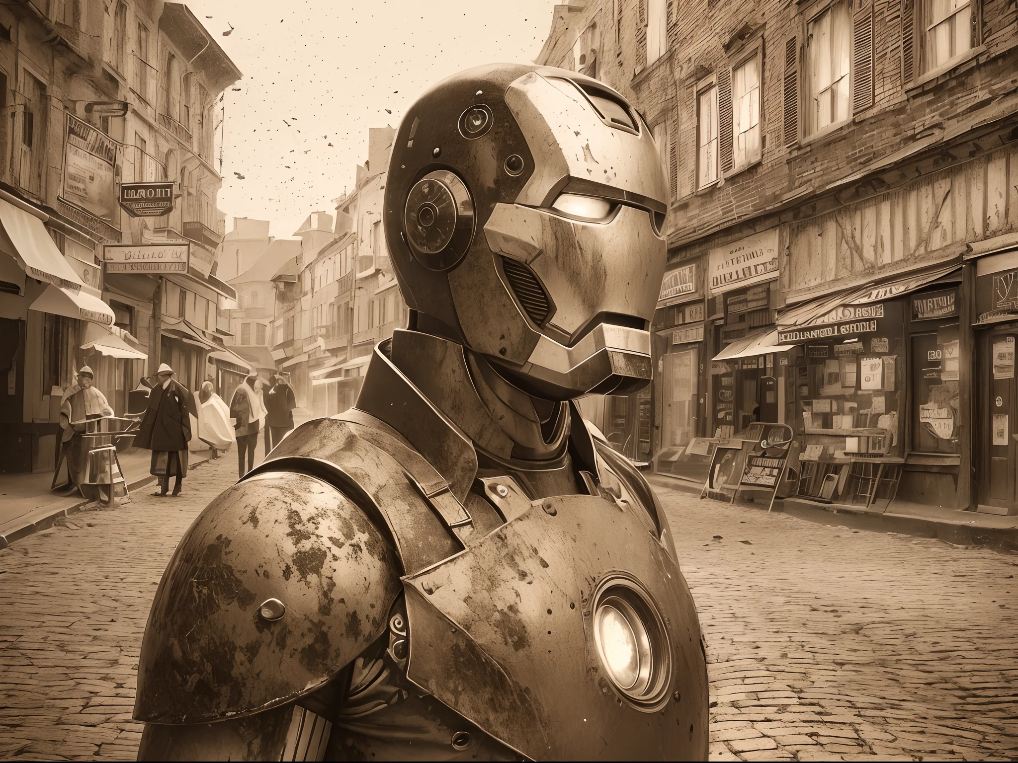 (best quality,4k,8k,highres,masterpiece:1.2), (classical), (Historical photo), (Sepia tone), (noise), ultra-detailed, realistic:1.37, full body shot, Iron Man In the middle of town in 1924, rusty iron, old-fashioned, ancient atmosphere, distortion effect, vintage color tone, soft lighting, grainy texture, black and white, sepia effect, antique film style