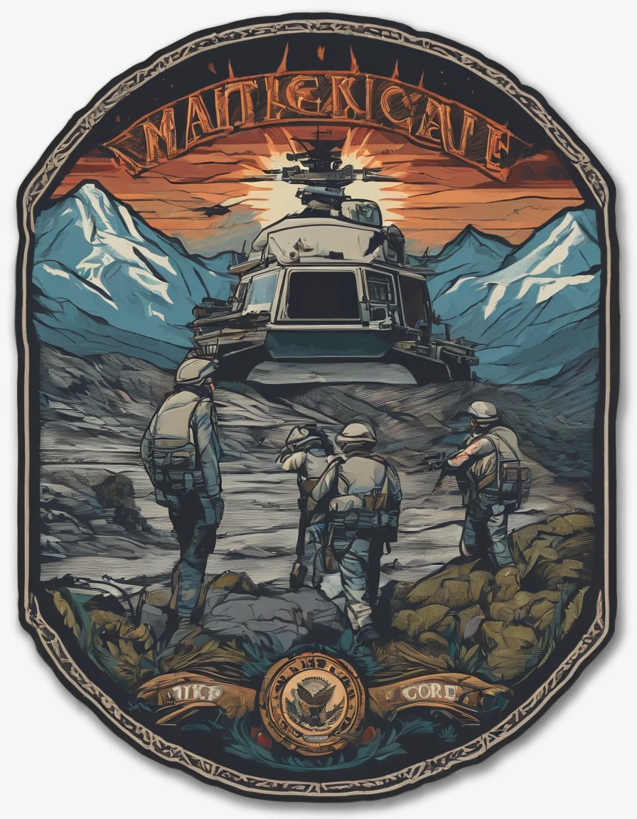 /imagine prompt: military patch, illustration on front with white background sticker, Bold outline style, Jagged edges, Trash core, Light Shadow --V 5.2